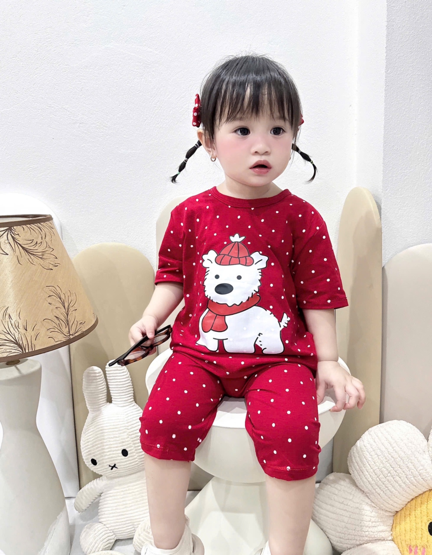 G695 - SET 2 BỘ BÉ GÁI CHẤM BI CHÓ QUẦN NGỐ đỏ be