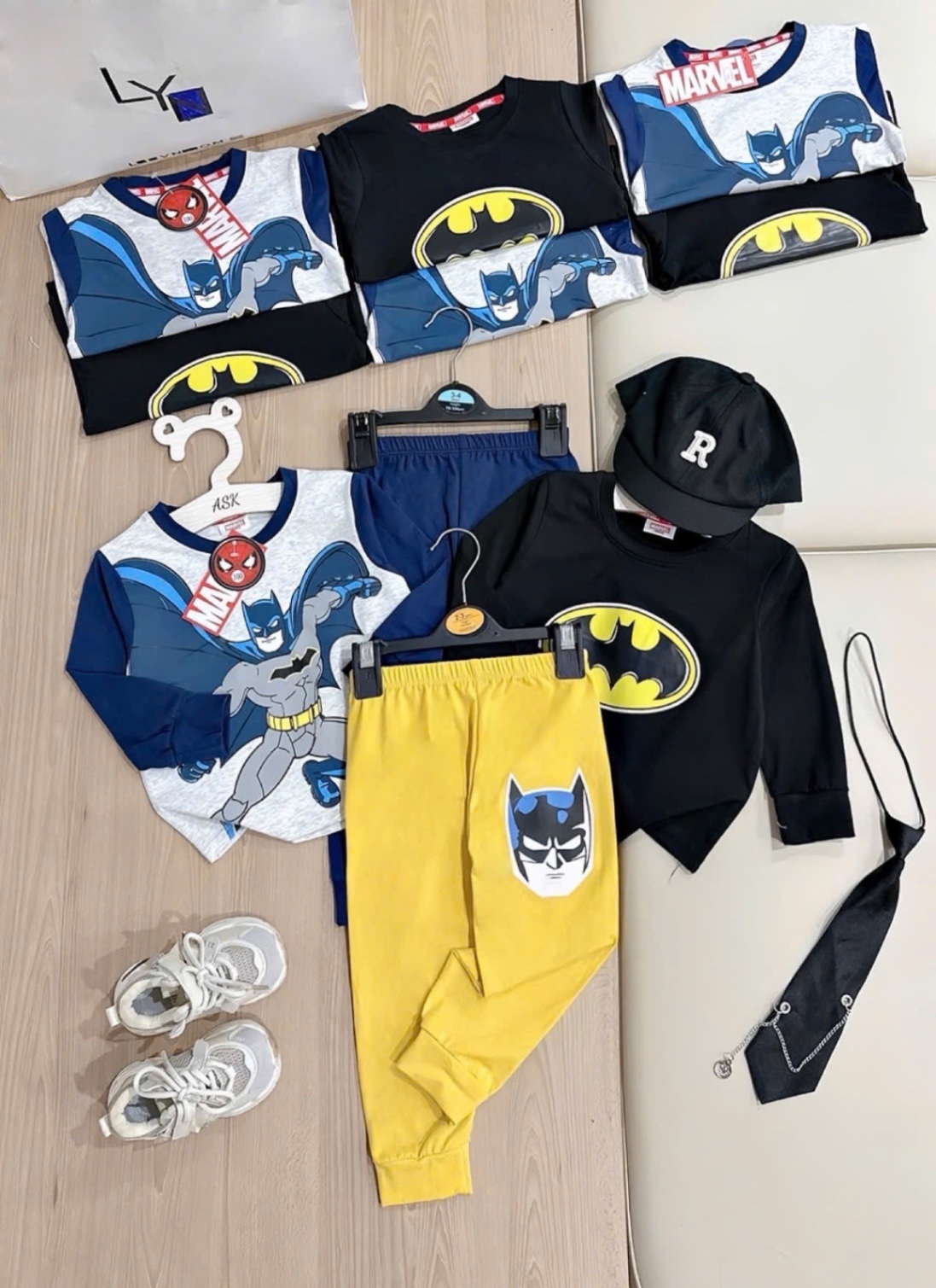 T842 - SET 2 BỘ BÉ TRAI DÀI TAY BATMAN PHỐI MÀU đen ghi