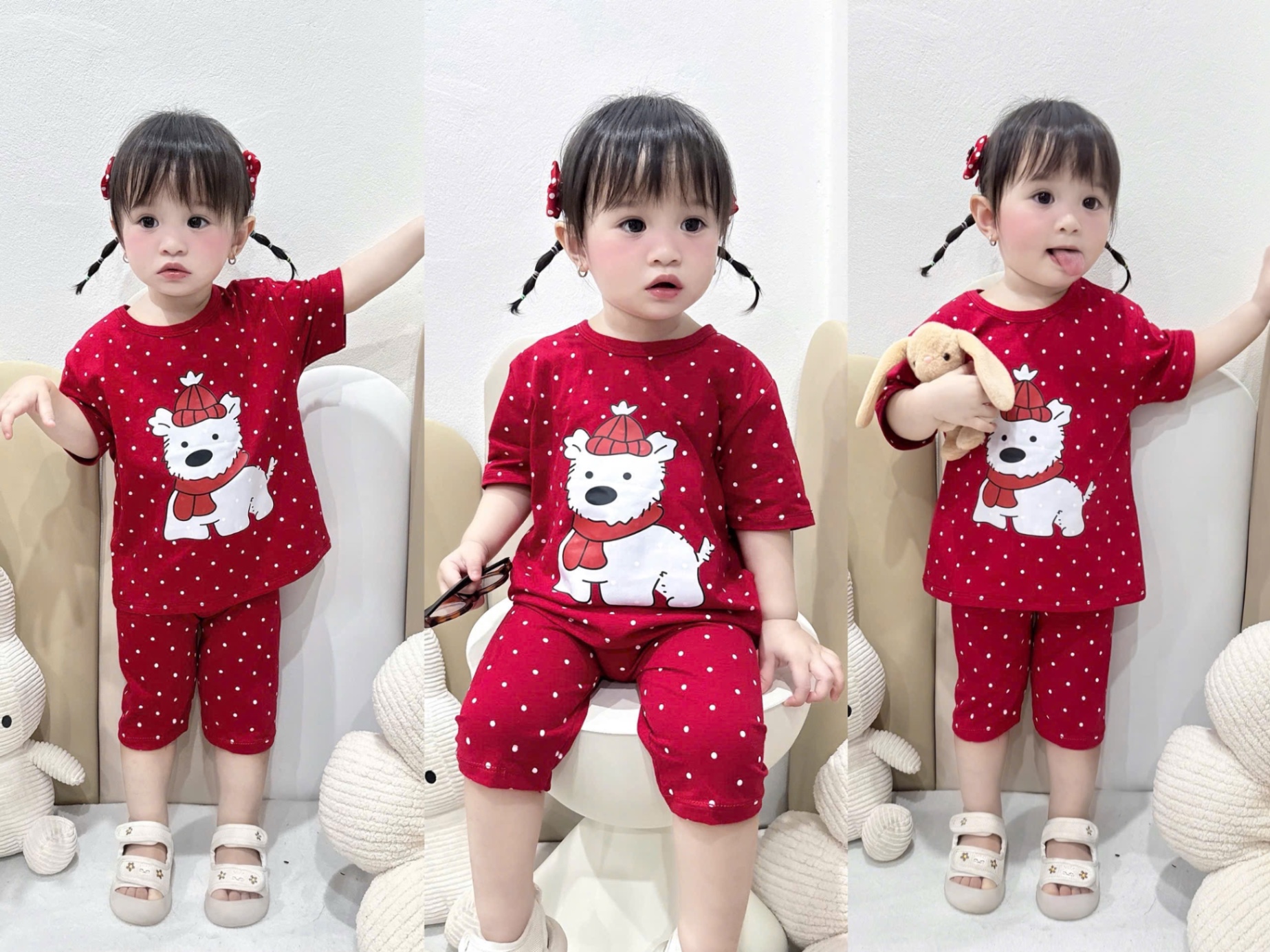 G695 - SET 2 BỘ BÉ GÁI CHẤM BI CHÓ QUẦN NGỐ đỏ be