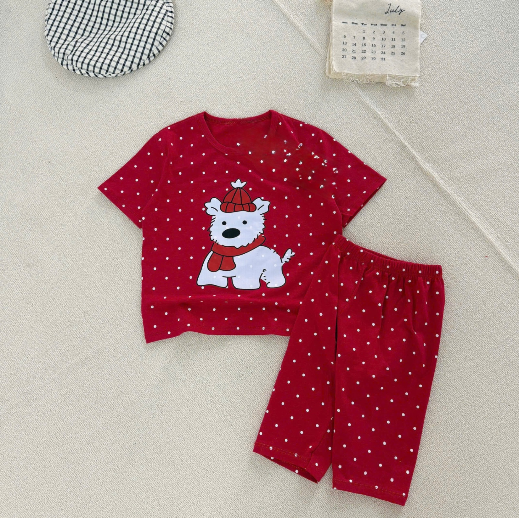 G695 - SET 2 BỘ BÉ GÁI CHẤM BI CHÓ QUẦN NGỐ đỏ be