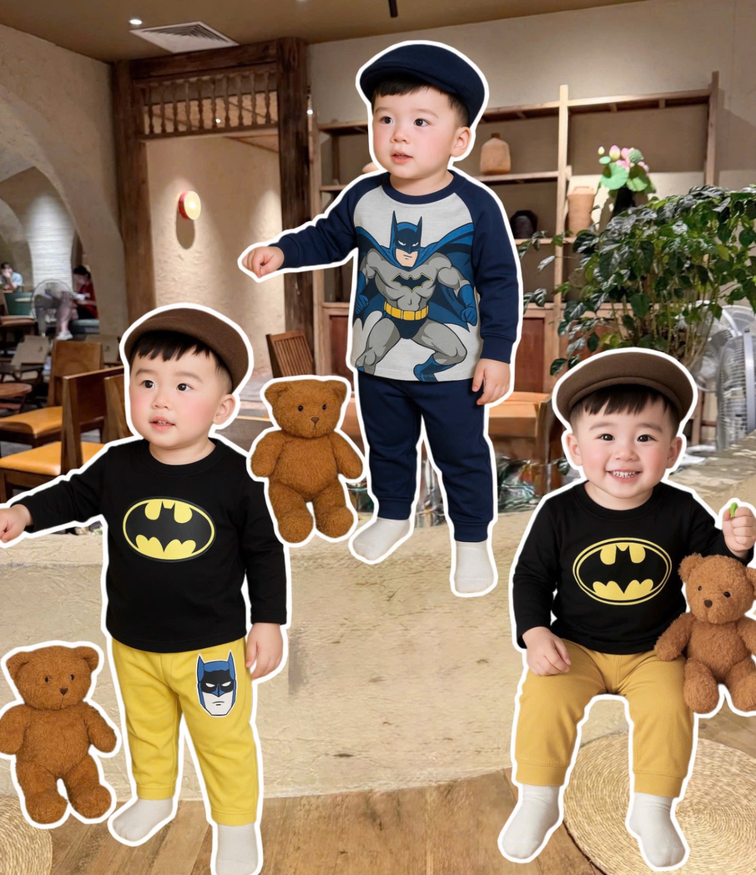 T842 - SET 2 BỘ BÉ TRAI DÀI TAY BATMAN PHỐI MÀU đen ghi