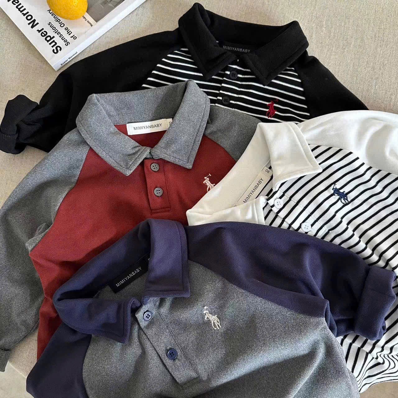 AB766 - SET 4 ÁO POLO BÉ TRAI DÀI TAY KỊ SĨ PHỐI xám kẻ đỏ