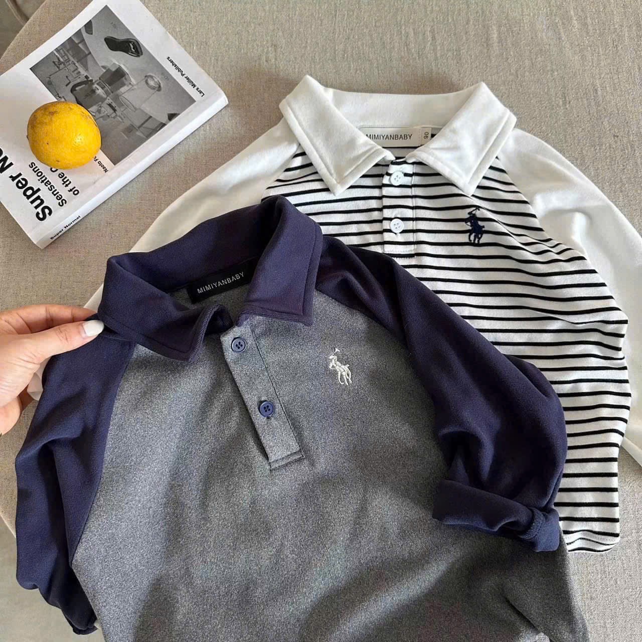 AB766 - SET 4 ÁO POLO BÉ TRAI DÀI TAY KỊ SĨ PHỐI xám kẻ đỏ