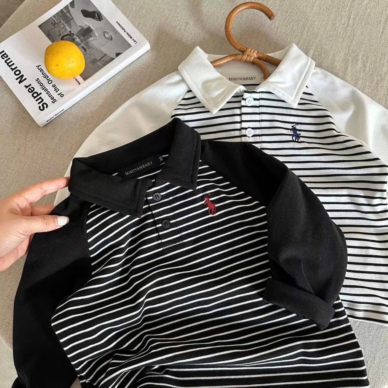 AB766 - SET 4 ÁO POLO BÉ TRAI DÀI TAY KỊ SĨ PHỐI xám kẻ đỏ