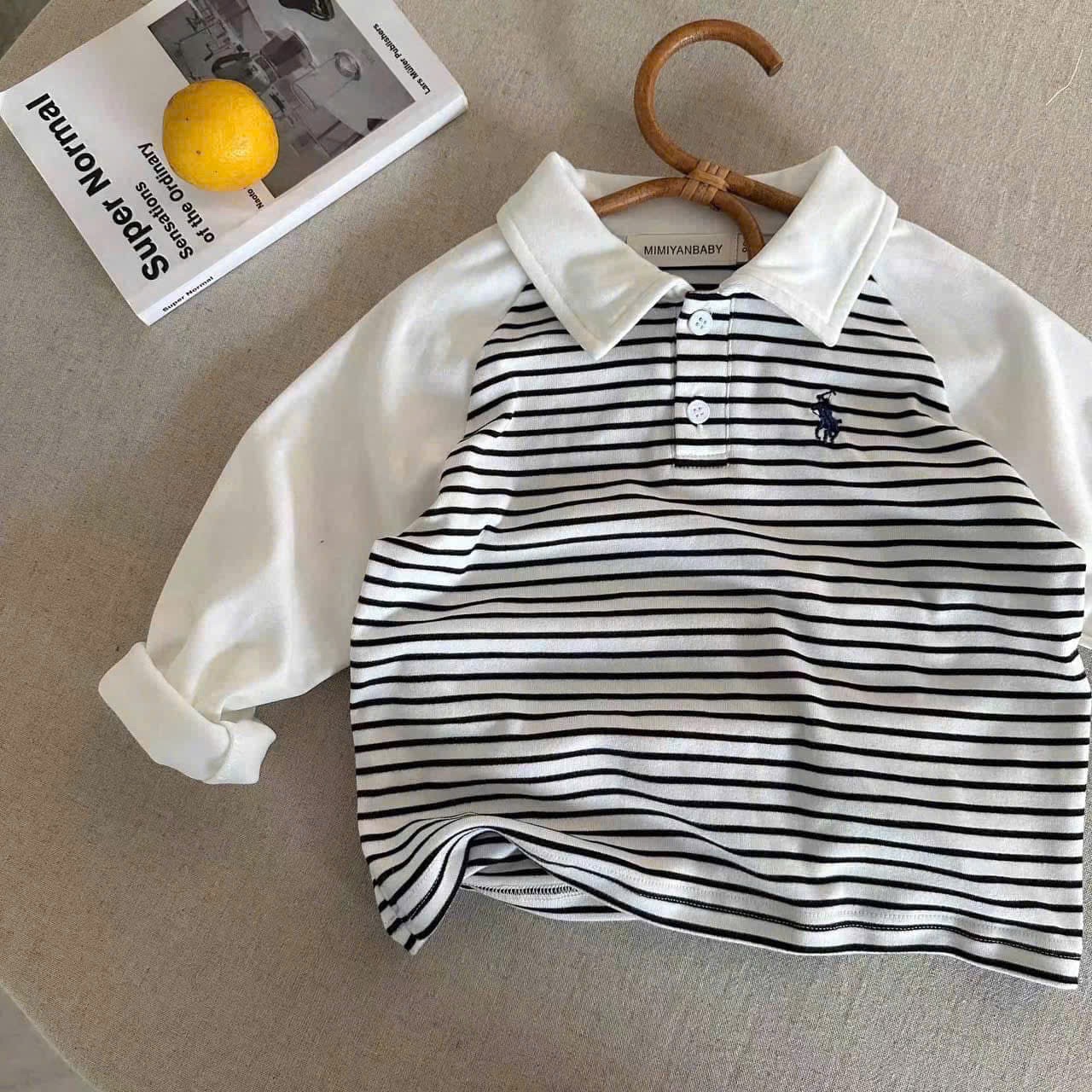 AB766 - SET 4 ÁO POLO BÉ TRAI DÀI TAY KỊ SĨ PHỐI xám kẻ đỏ