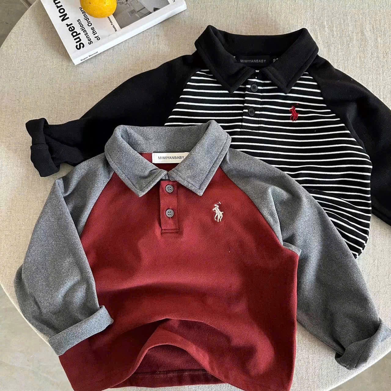 AB766 - SET 4 ÁO POLO BÉ TRAI DÀI TAY KỊ SĨ PHỐI xám kẻ đỏ