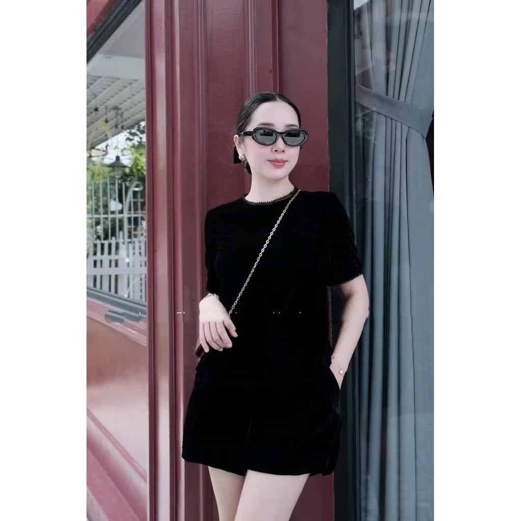 S136 - SET NHUNG ĐEN PHỐI REN NƠ SAU QUẦN SOOC