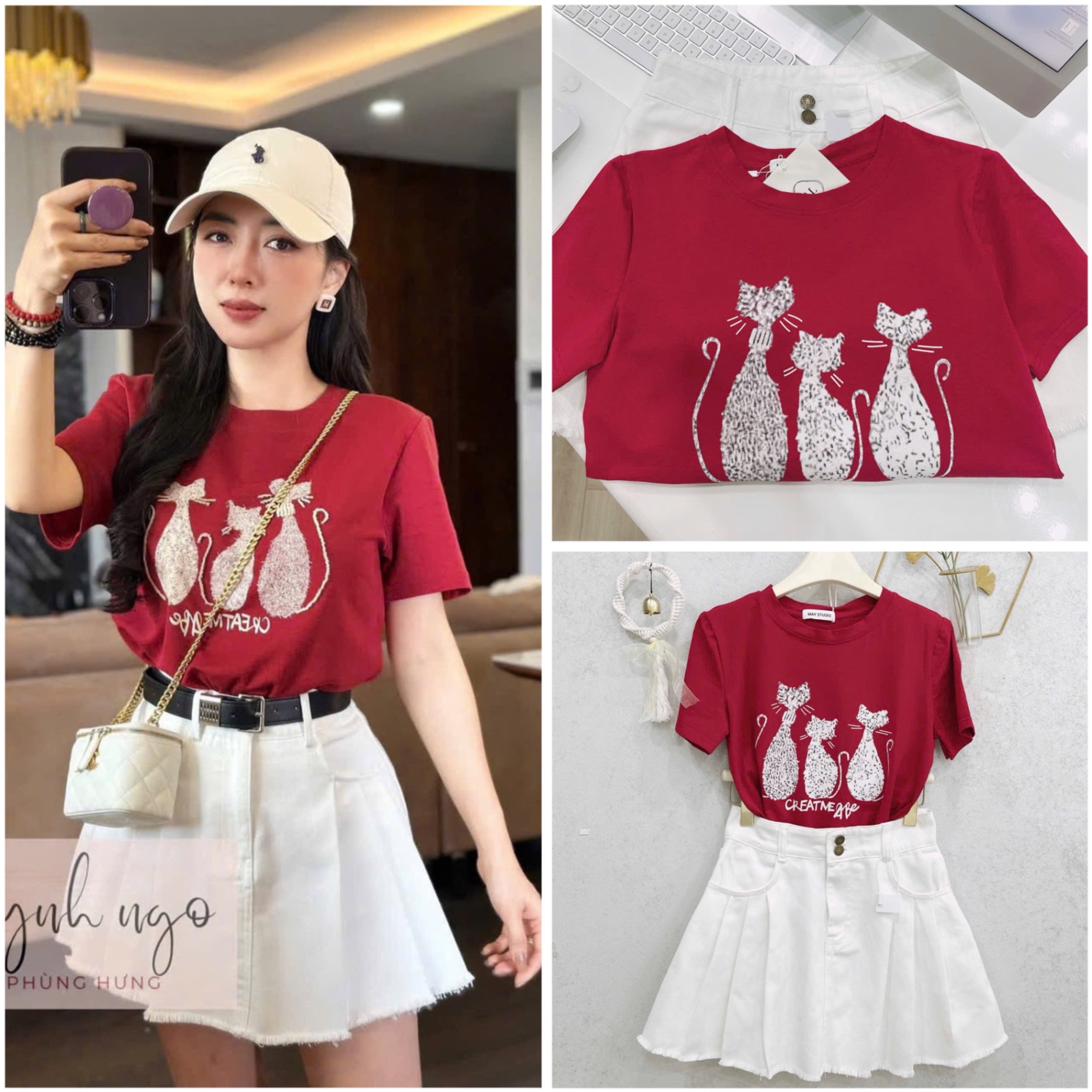 S140 - SET NỮ ÁO CỘC ĐỎ MÈO CVAY BÒ TRẮNG XẾP LI