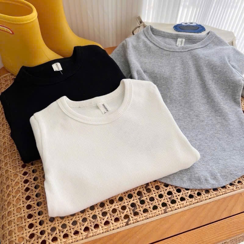 AB768 - SET 3 ÁO BÉ GÁI LEN TĂM DÀI TAY ĐUÔI TÔM đen ghi trắng