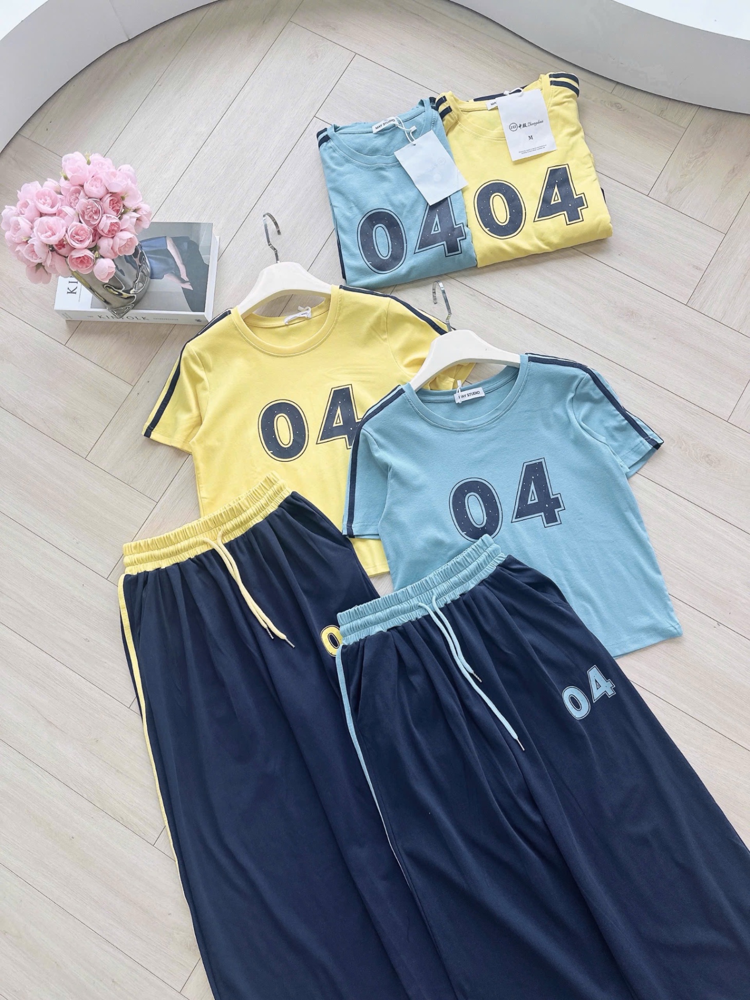 S141 - BỘ NỮ ÁO CỘC 04 PHỐI SỌC QUẦN SUÔNG