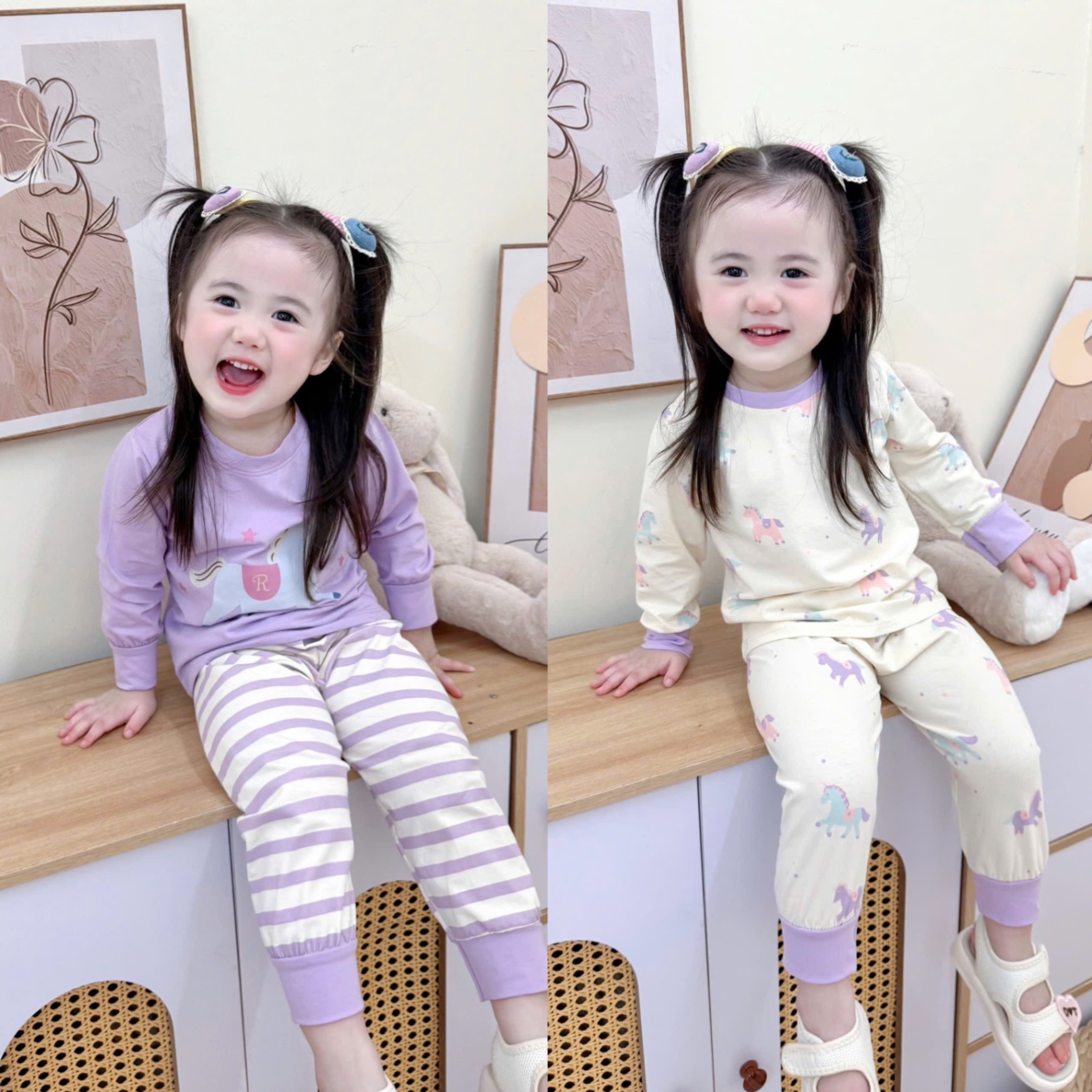 G708 - SET 2 BỘ BÉ GÁI DÀI TAY NGỰA R tím be