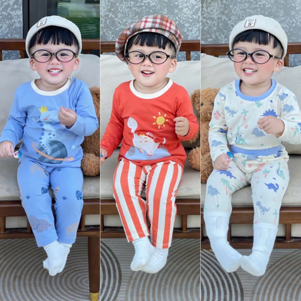 T866 - SET 3 BỘ BÉ TRAI DÀI TAY KHỦNG LONG SAO cam xanh be