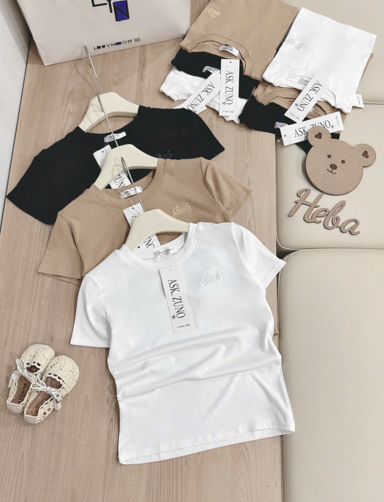 ANU280 - SET 3 ÁO THUN NỮ CỘC TAY CỔ TRÒN Bad đen nâu trắng