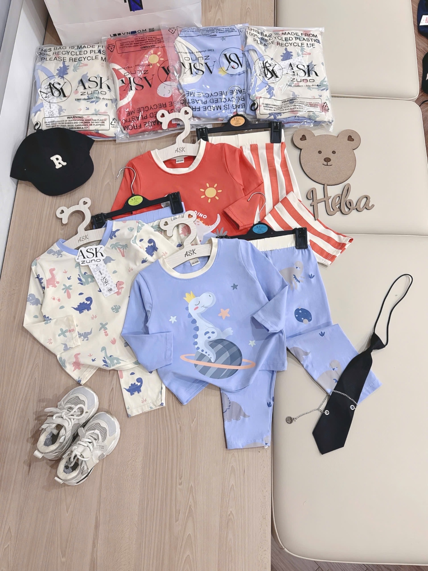 T866 - SET 3 BỘ BÉ TRAI DÀI TAY KHỦNG LONG SAO cam xanh be