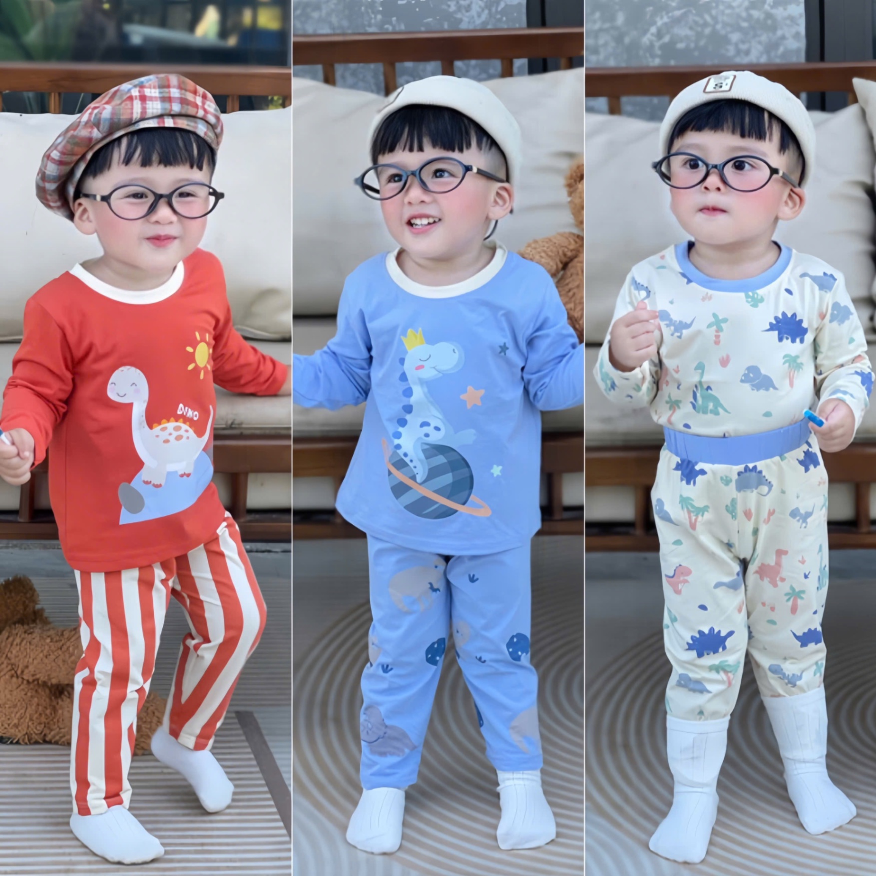 T866 - SET 3 BỘ BÉ TRAI DÀI TAY KHỦNG LONG SAO cam xanh be