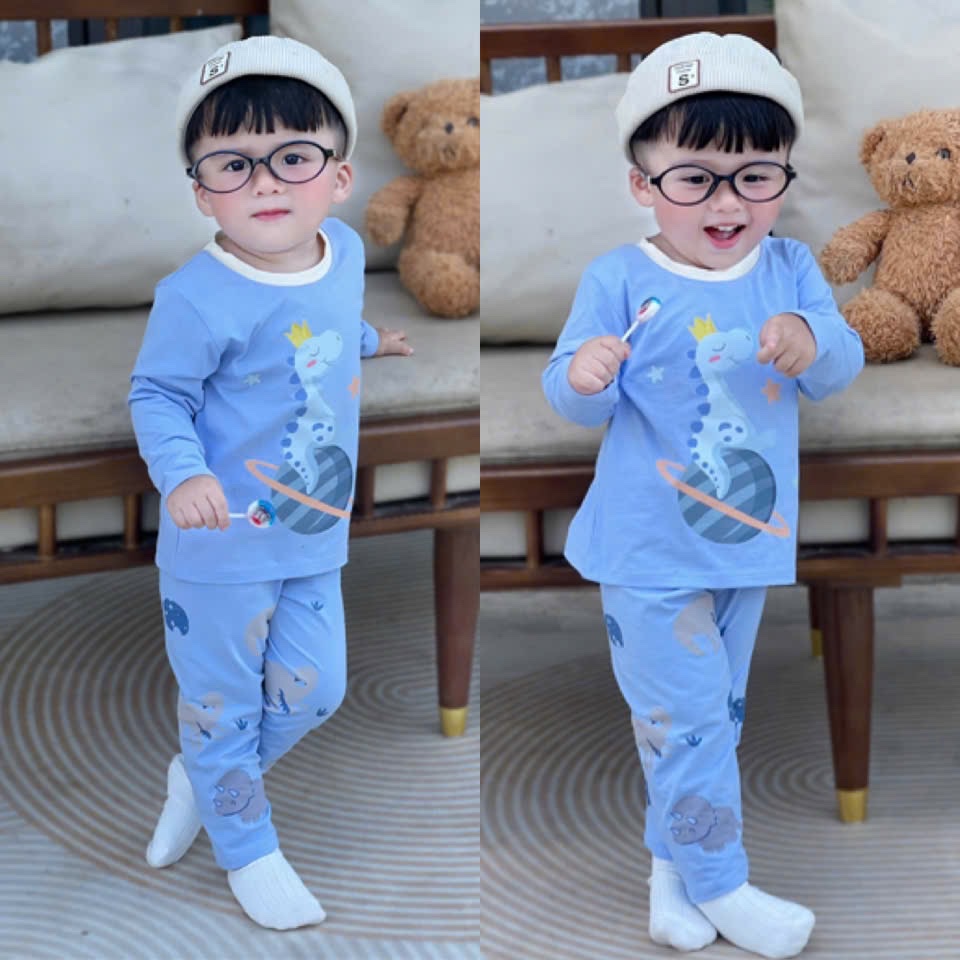T866 - SET 3 BỘ BÉ TRAI DÀI TAY KHỦNG LONG SAO cam xanh be