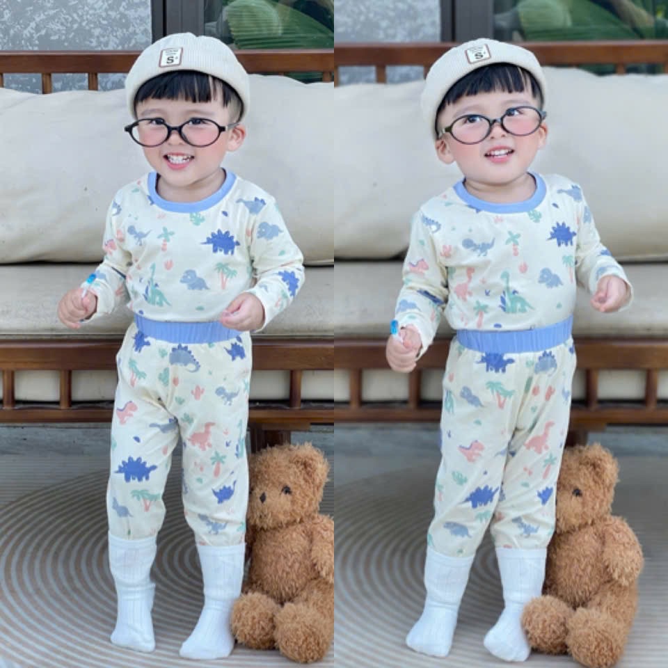T866 - SET 3 BỘ BÉ TRAI DÀI TAY KHỦNG LONG SAO cam xanh be