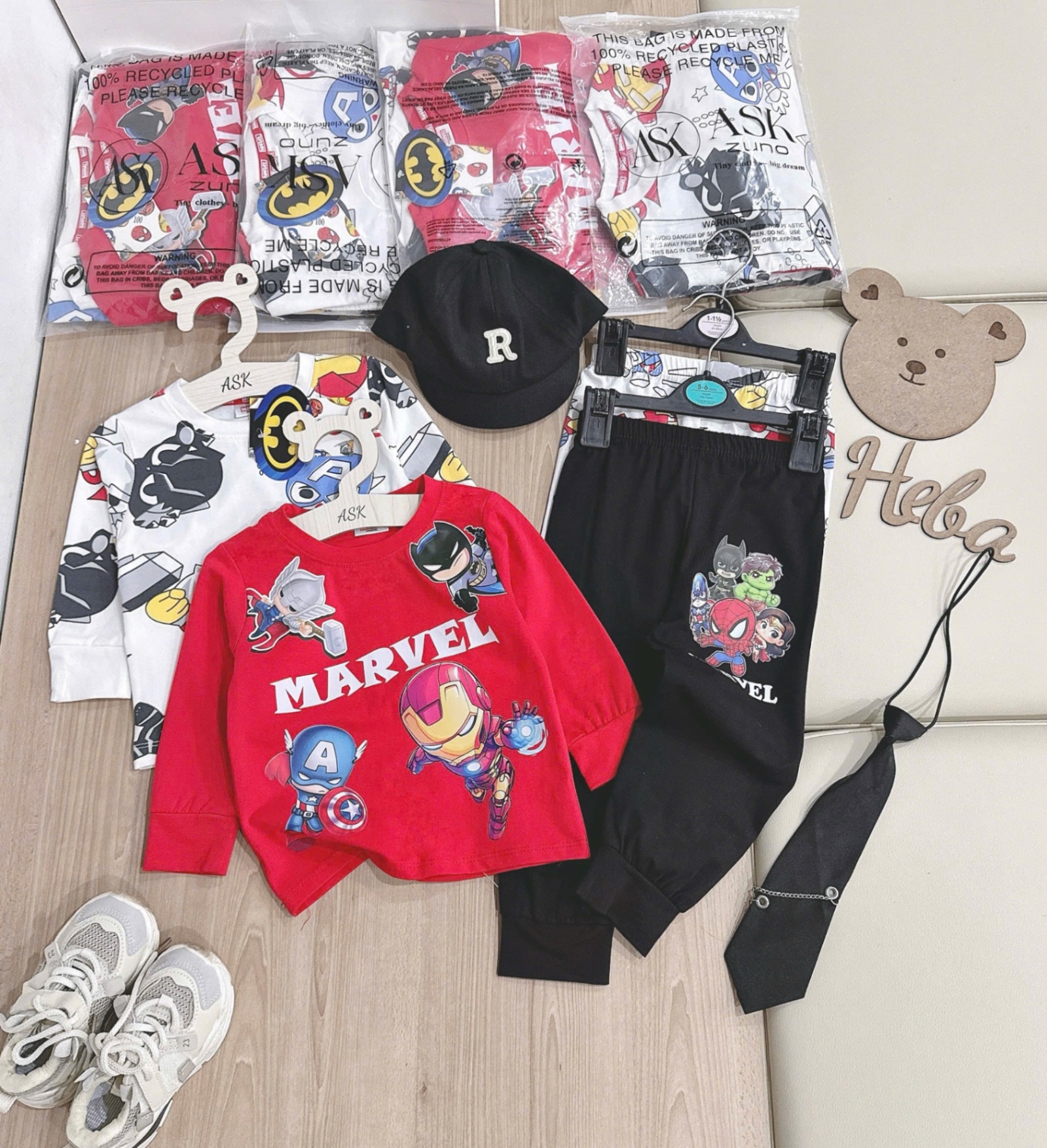 T881 - SET 2 BỘ BÉ TRAI DÀI TAY MARVEL đỏ trắng