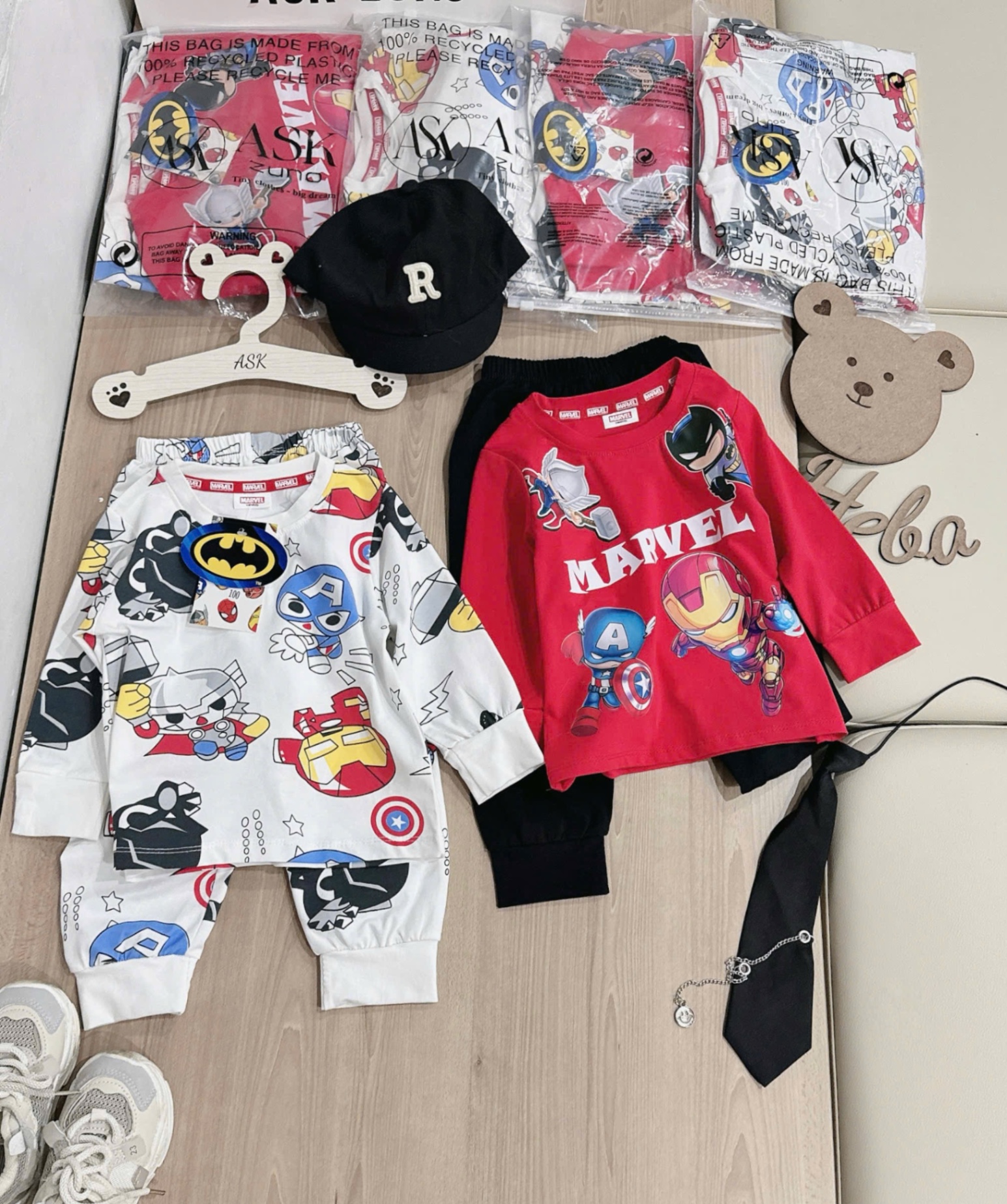 T881 - SET 2 BỘ BÉ TRAI DÀI TAY MARVEL đỏ trắng