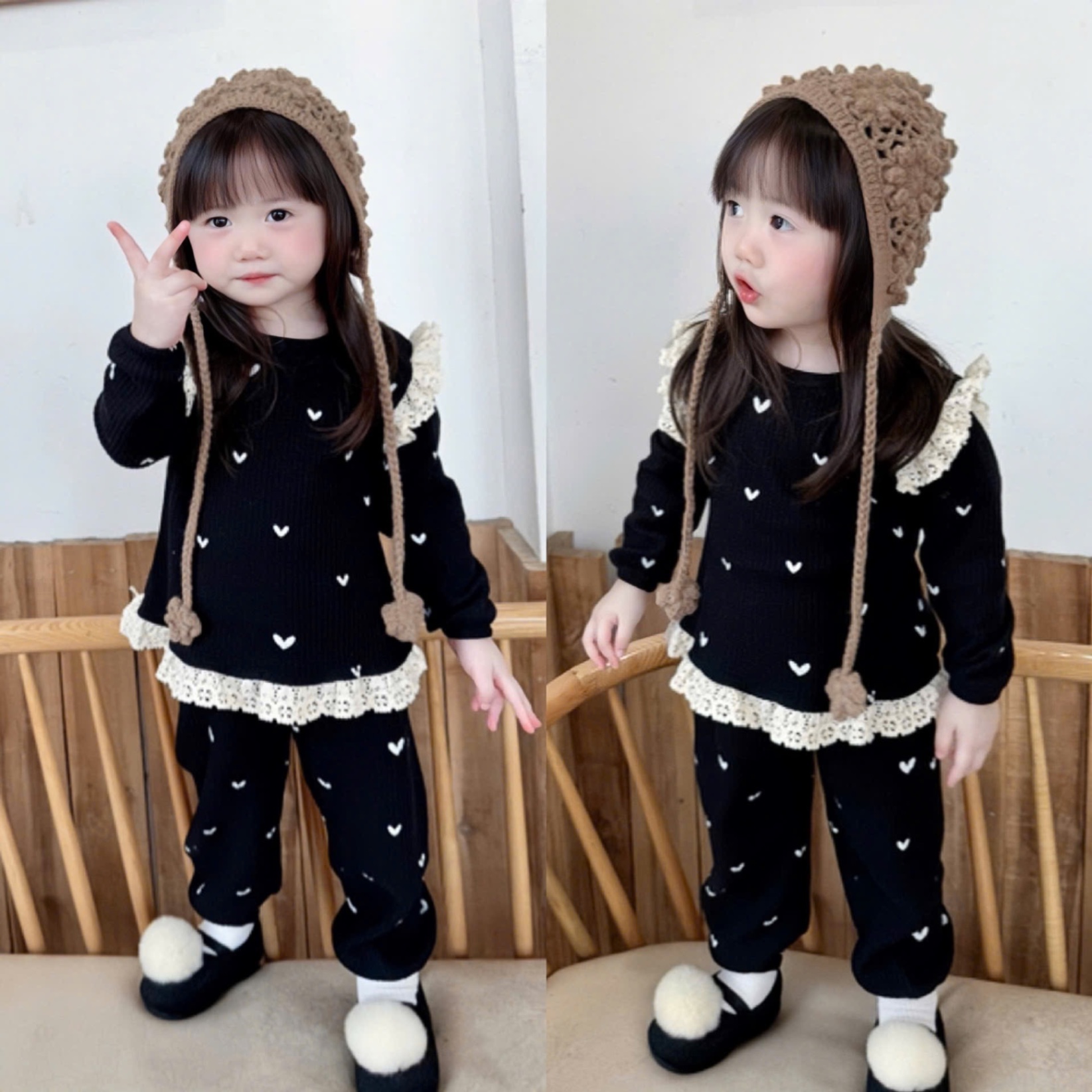 G723 - SET 2 BỘ BÉ GÁI DÀI TAY TỔ ONG TIM PHỐI ĐEN TRẮNG