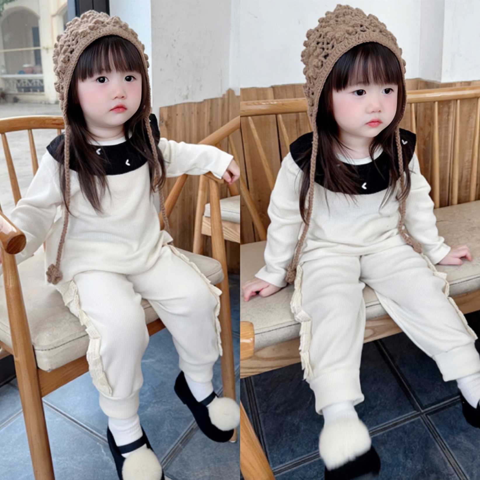 G723 - SET 2 BỘ BÉ GÁI DÀI TAY TỔ ONG TIM PHỐI ĐEN TRẮNG