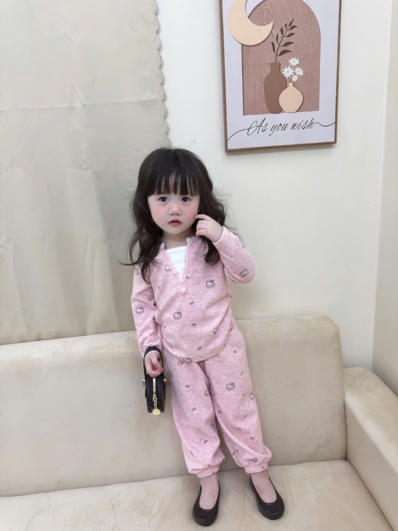 G726 - BỘ BÉ GÁI TĂM THỎ KITTY CỔ V PHỐI TRẮNG