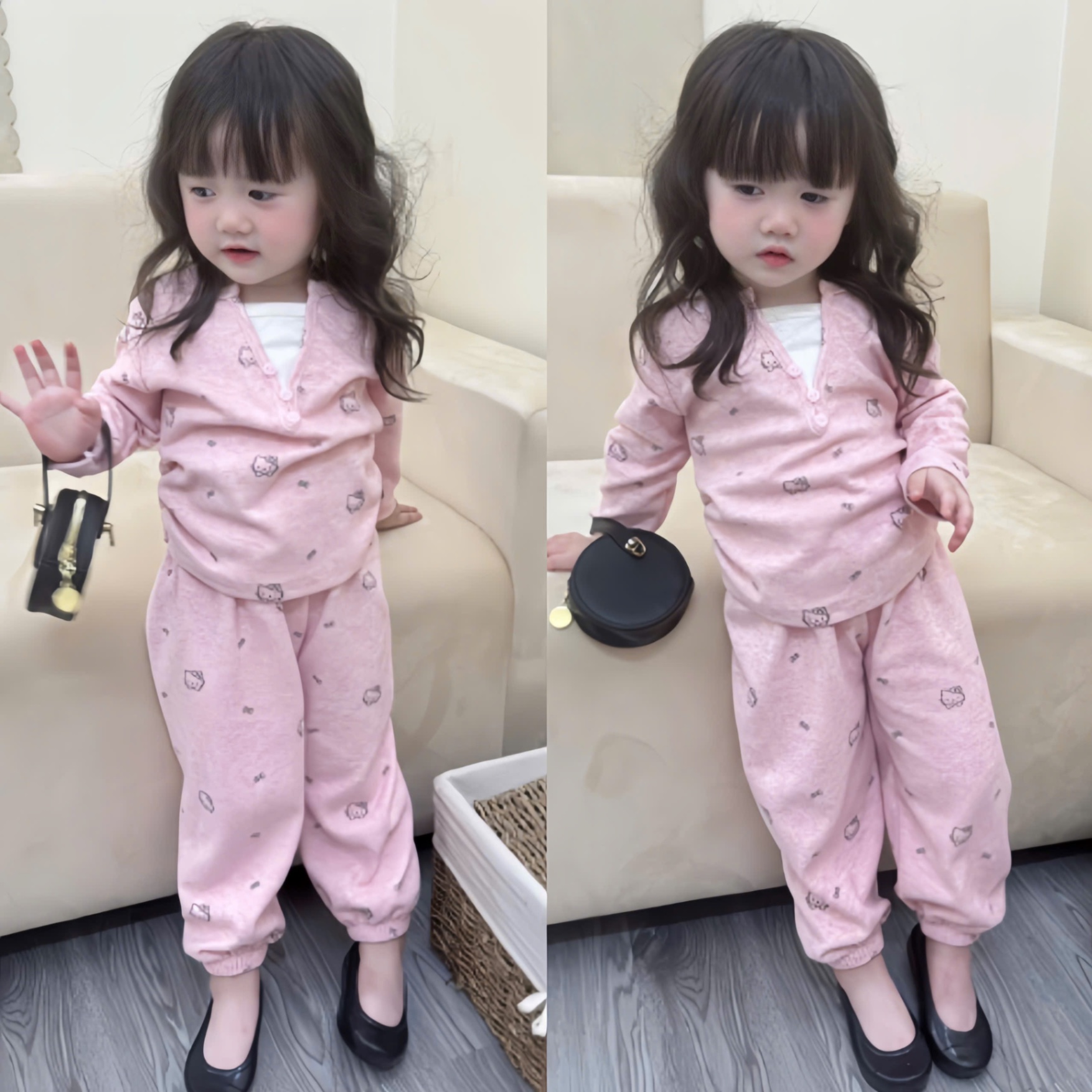 G726 - BỘ BÉ GÁI TĂM THỎ KITTY CỔ V PHỐI TRẮNG
