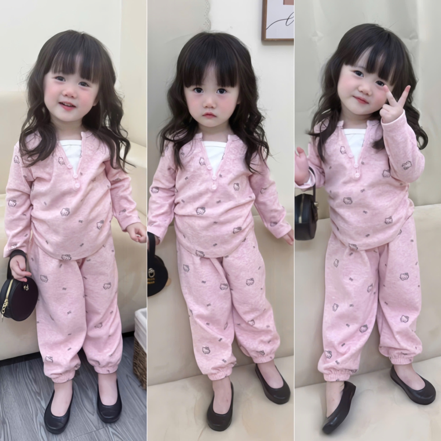G726 - BỘ BÉ GÁI TĂM THỎ KITTY CỔ V PHỐI TRẮNG