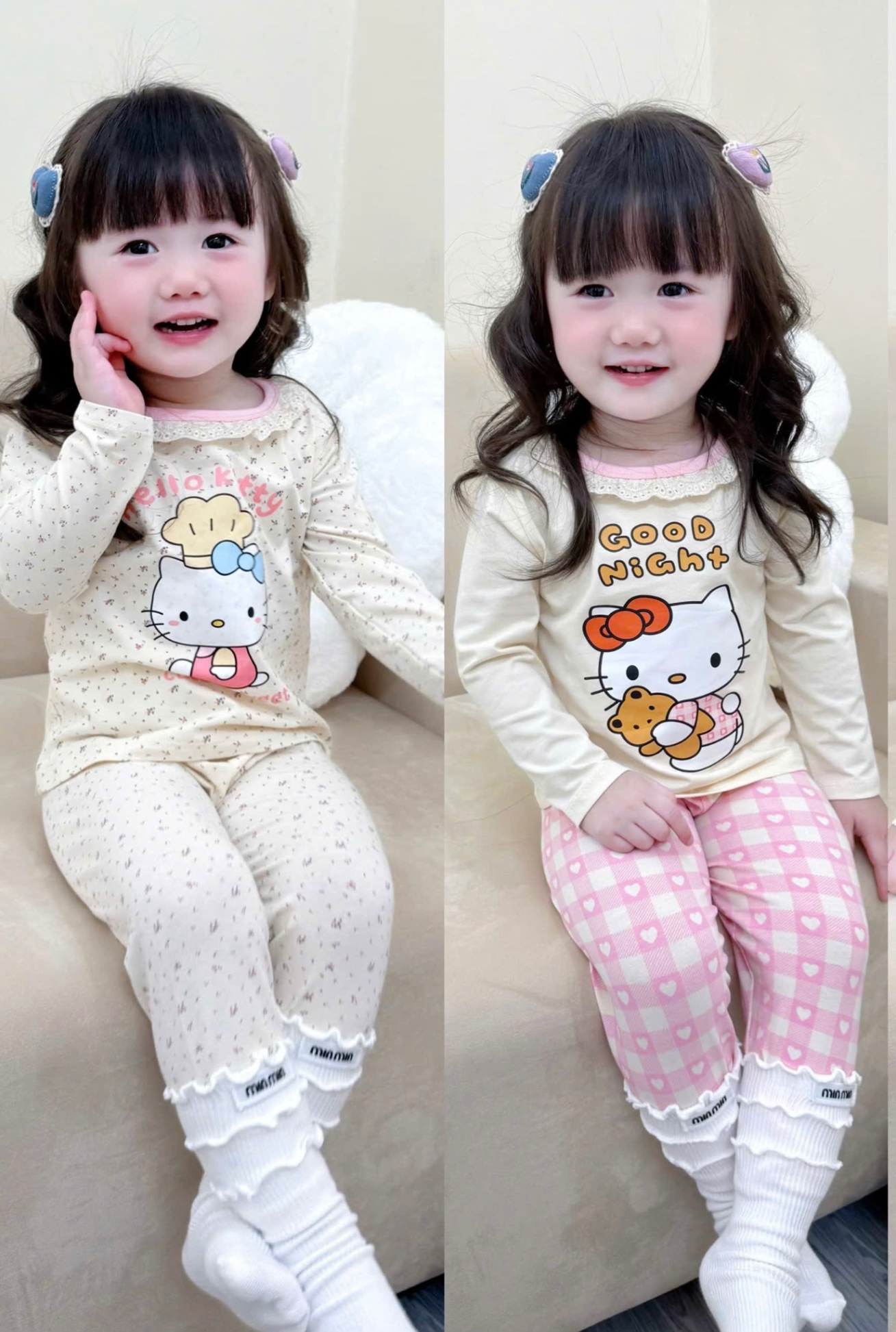 G731 - SET 2 BỘ BÉ GÁI DÀI TAY MÀU BE KITTY HOA CỔ REN