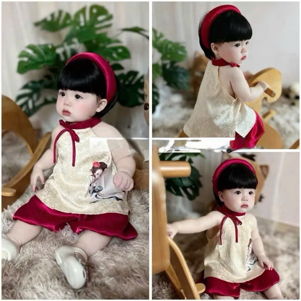 G733 - SET BÉ GÁI YẾM LỤA GẤM TRẮNG CÔ GÁI QUẦN ĐỎ