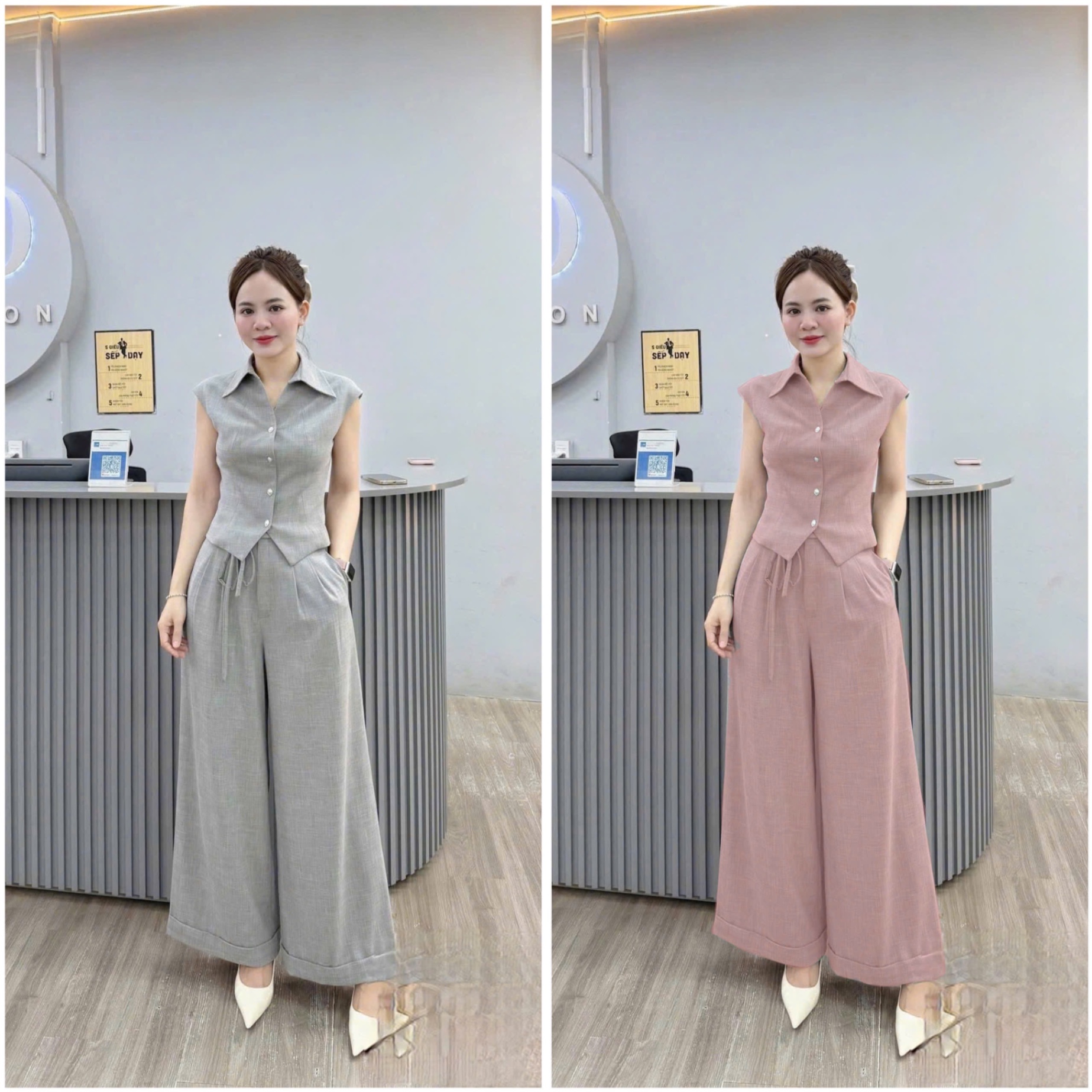 S154 - SET NỮ ÁO CỔ BẺ V QUẦN ỐNG RỘNG