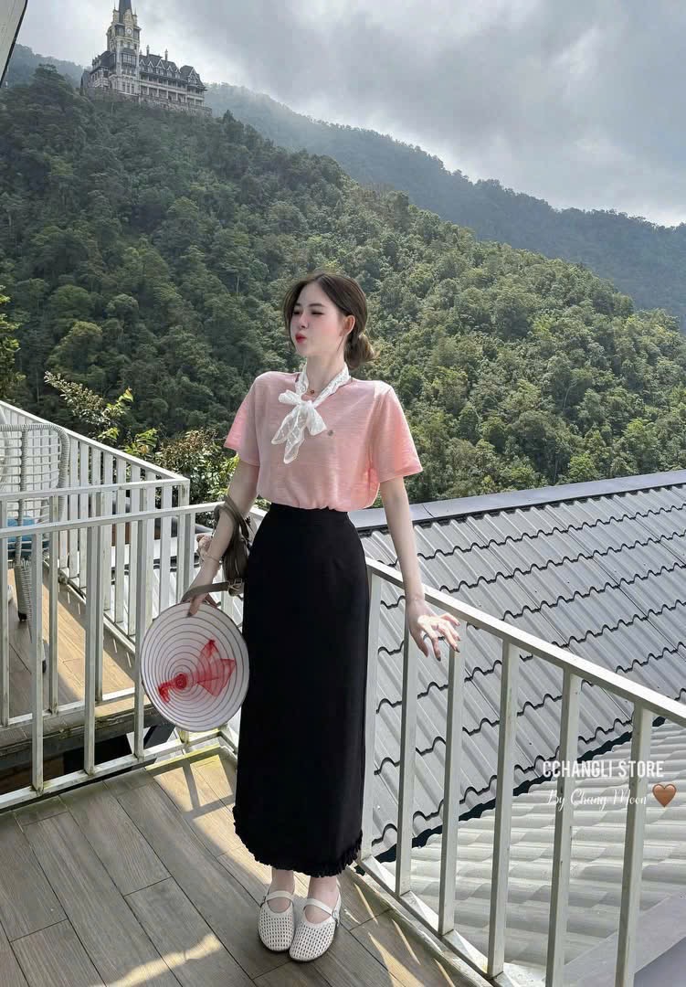 S155 - SET ÁO CỘC HỒNG NƠ REN TRẮNG CVAY ĐEN