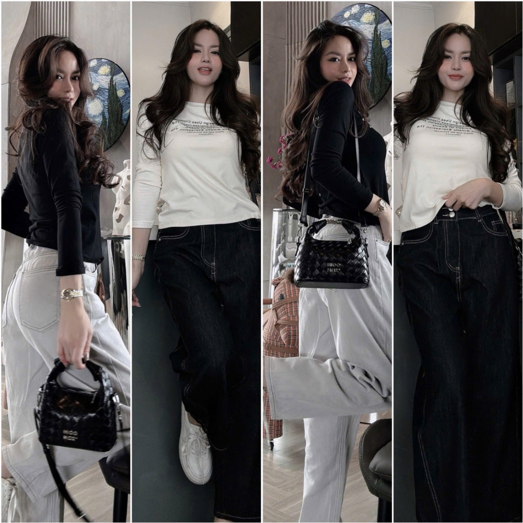 ANU297 - SET 2 ÁO NỮ DÀI TAY IN CHỮ đen trắng