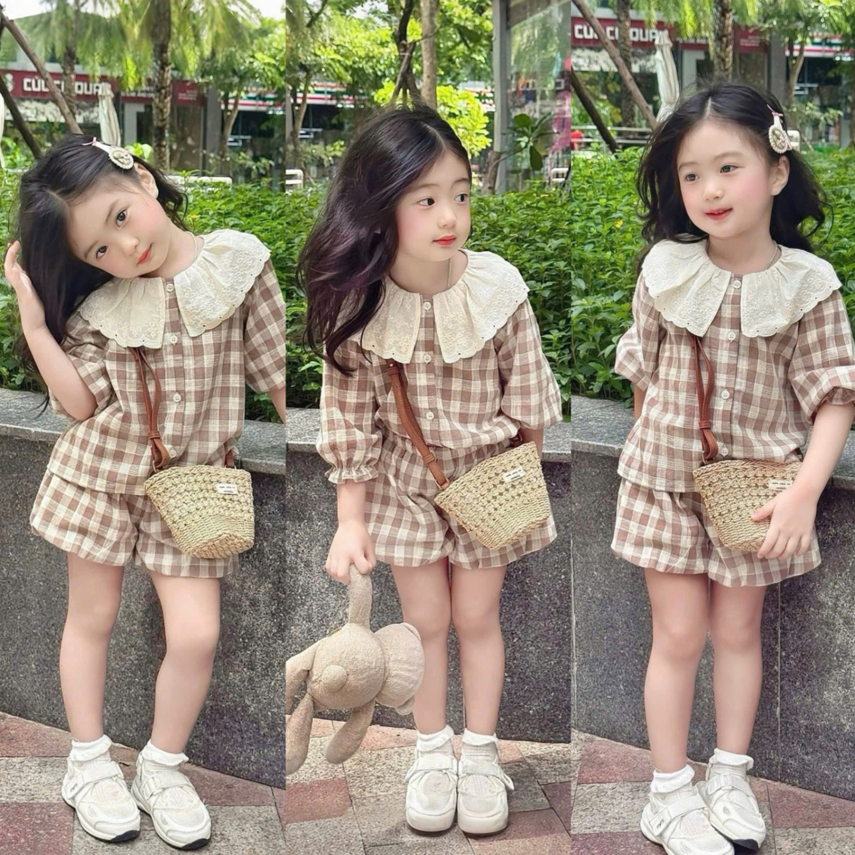 G737 - SET BÉ GÁI KẺ CARO NÂU BỒNG CỔ REN TRẮNG