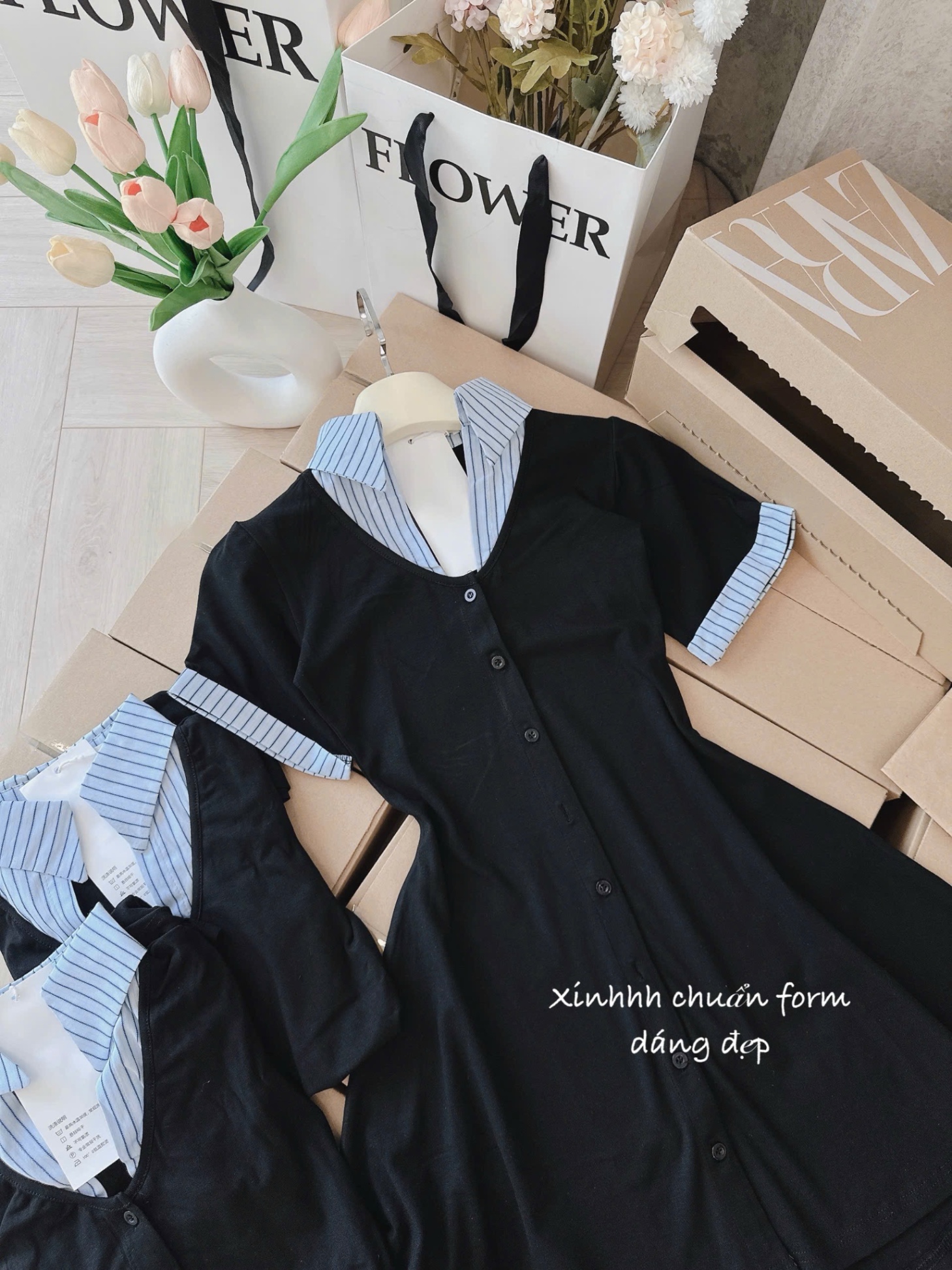 V486 - VÁY NỮ ZIP ĐEN XOÈ PHỐI CỔ SƠ MI XANH