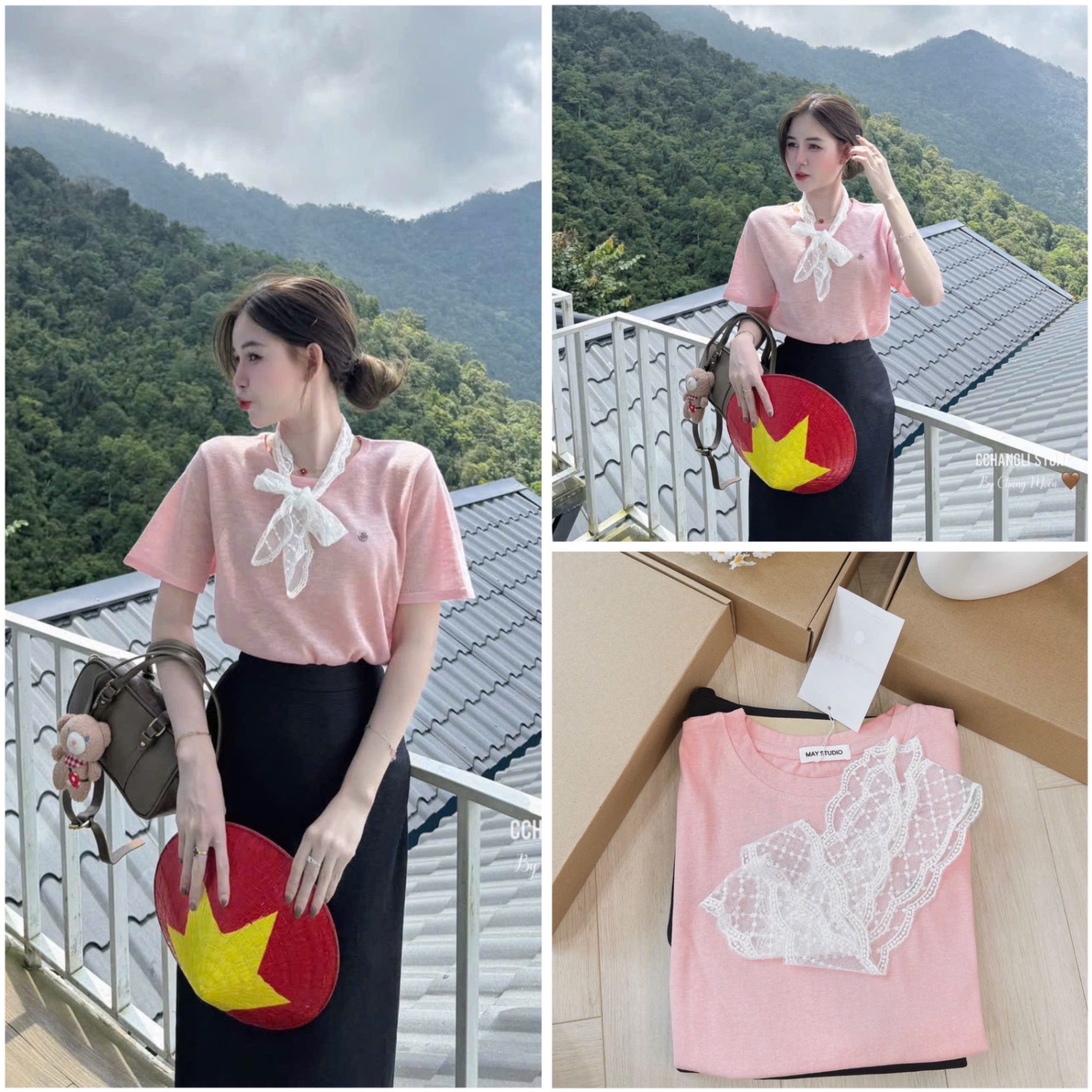 S155 - SET ÁO CỘC HỒNG NƠ REN TRẮNG CVAY ĐEN