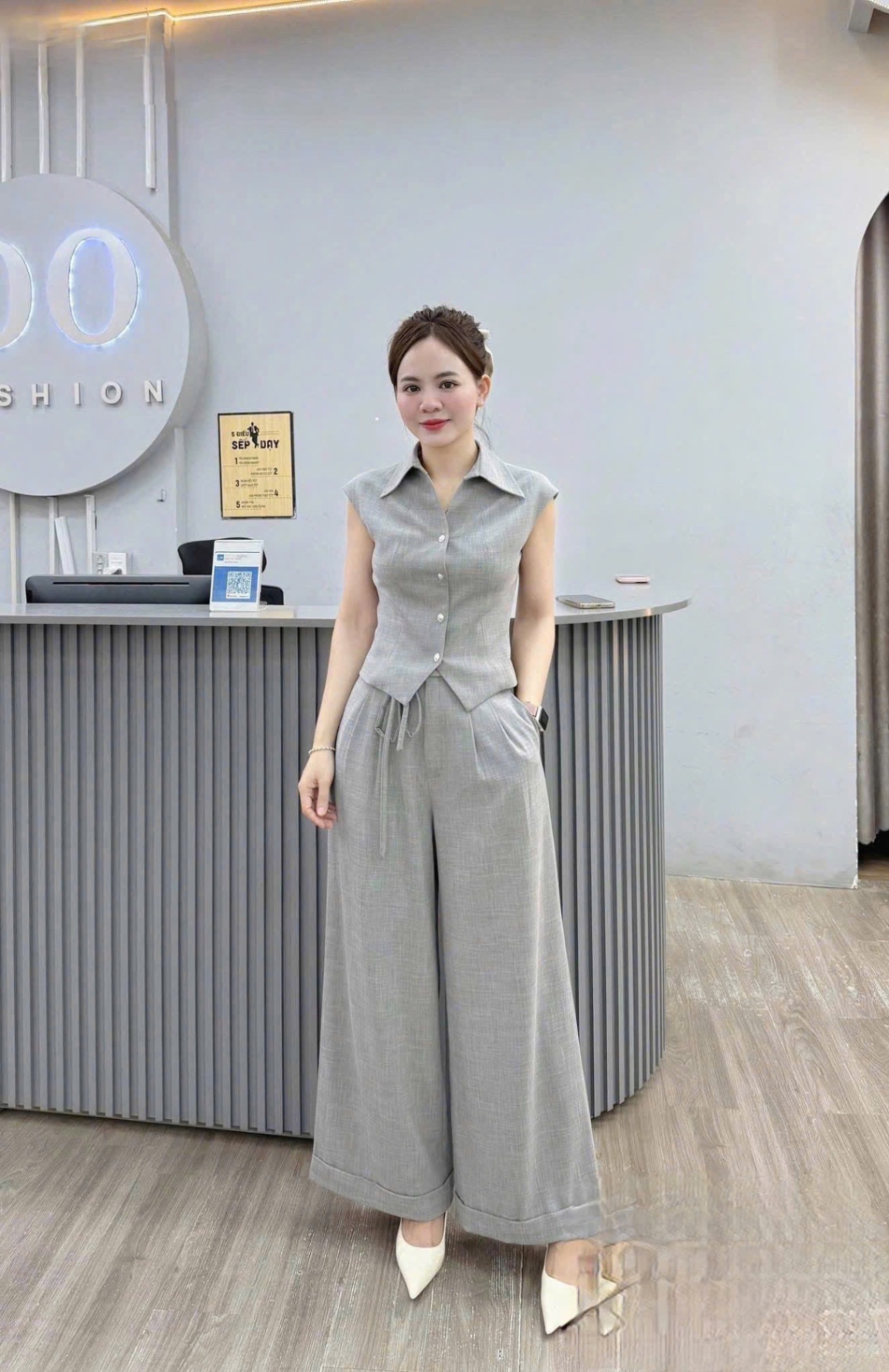 S154 - SET NỮ ÁO CỔ BẺ V QUẦN ỐNG RỘNG