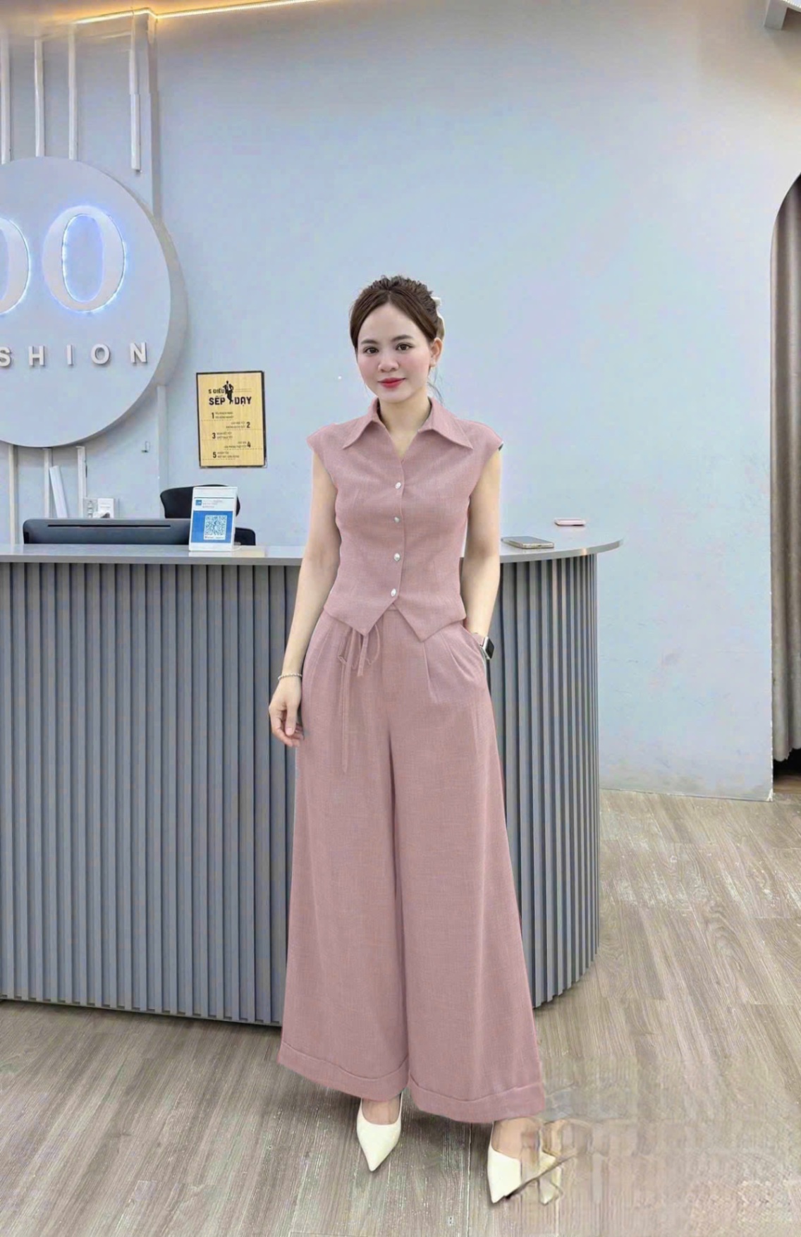 S154 - SET NỮ ÁO CỔ BẺ V QUẦN ỐNG RỘNG