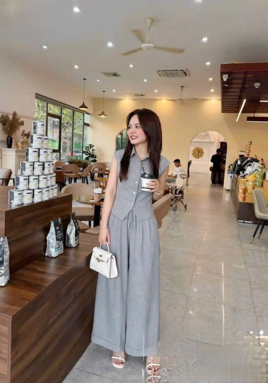 S154 - SET NỮ ÁO CỔ BẺ V QUẦN ỐNG RỘNG