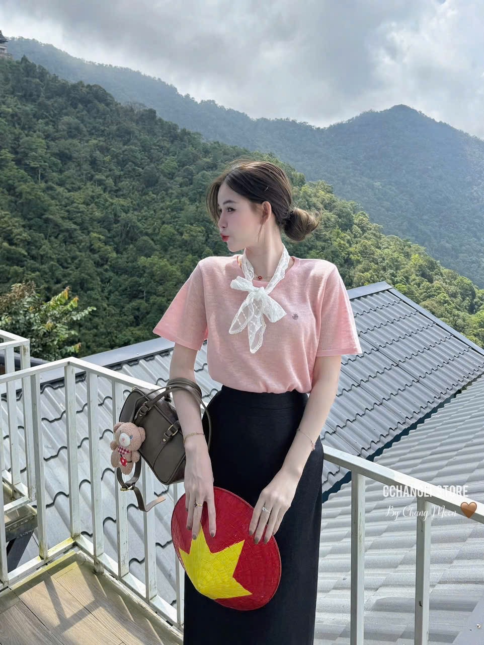 S155 - SET ÁO CỘC HỒNG NƠ REN TRẮNG CVAY ĐEN