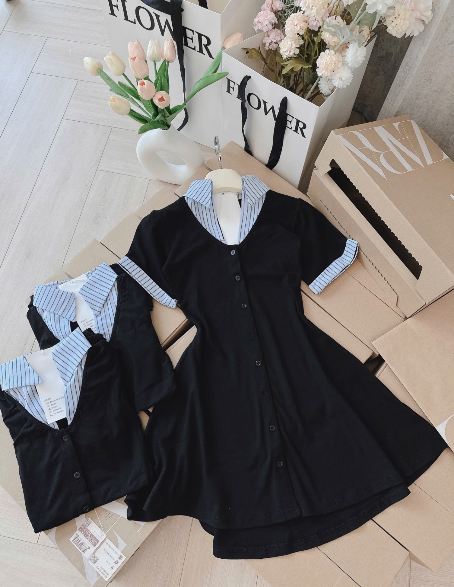 V486 - VÁY NỮ ZIP ĐEN XOÈ PHỐI CỔ SƠ MI XANH