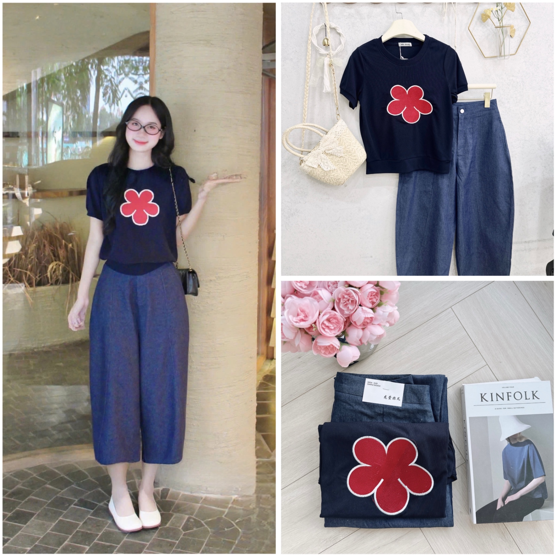 S156 - SET ÁO LEN ĐEN THÊU HOA ĐỎ QUẦN BAGGY BÒ