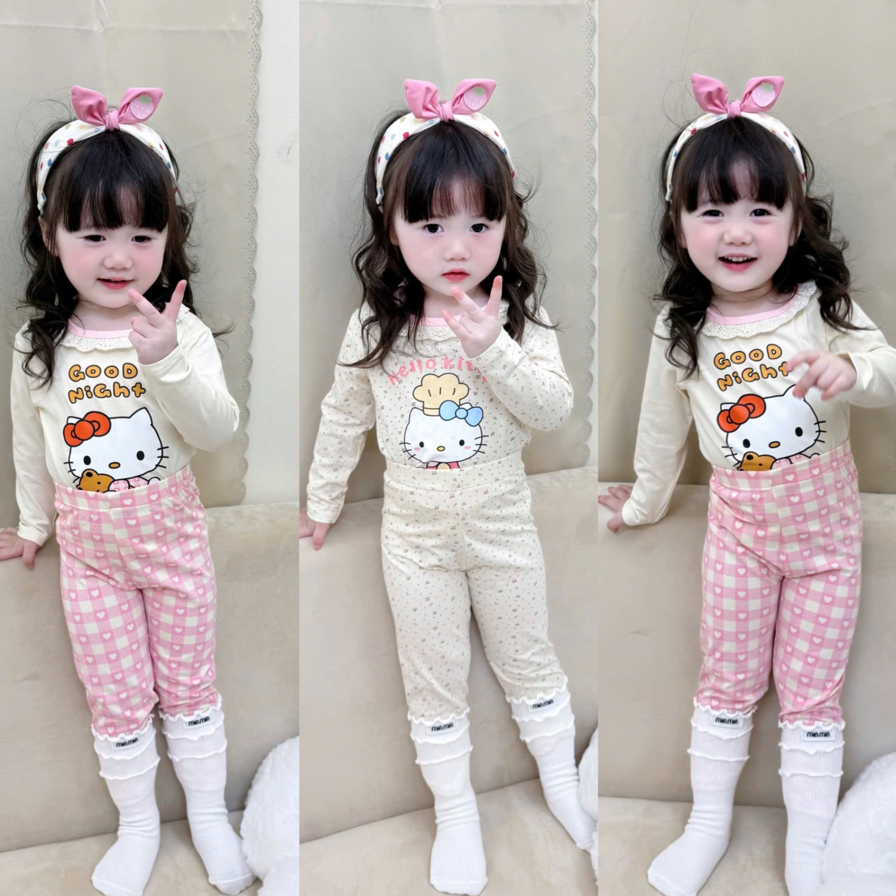 G731 - SET 2 BỘ BÉ GÁI DÀI TAY MÀU BE KITTY HOA CỔ REN