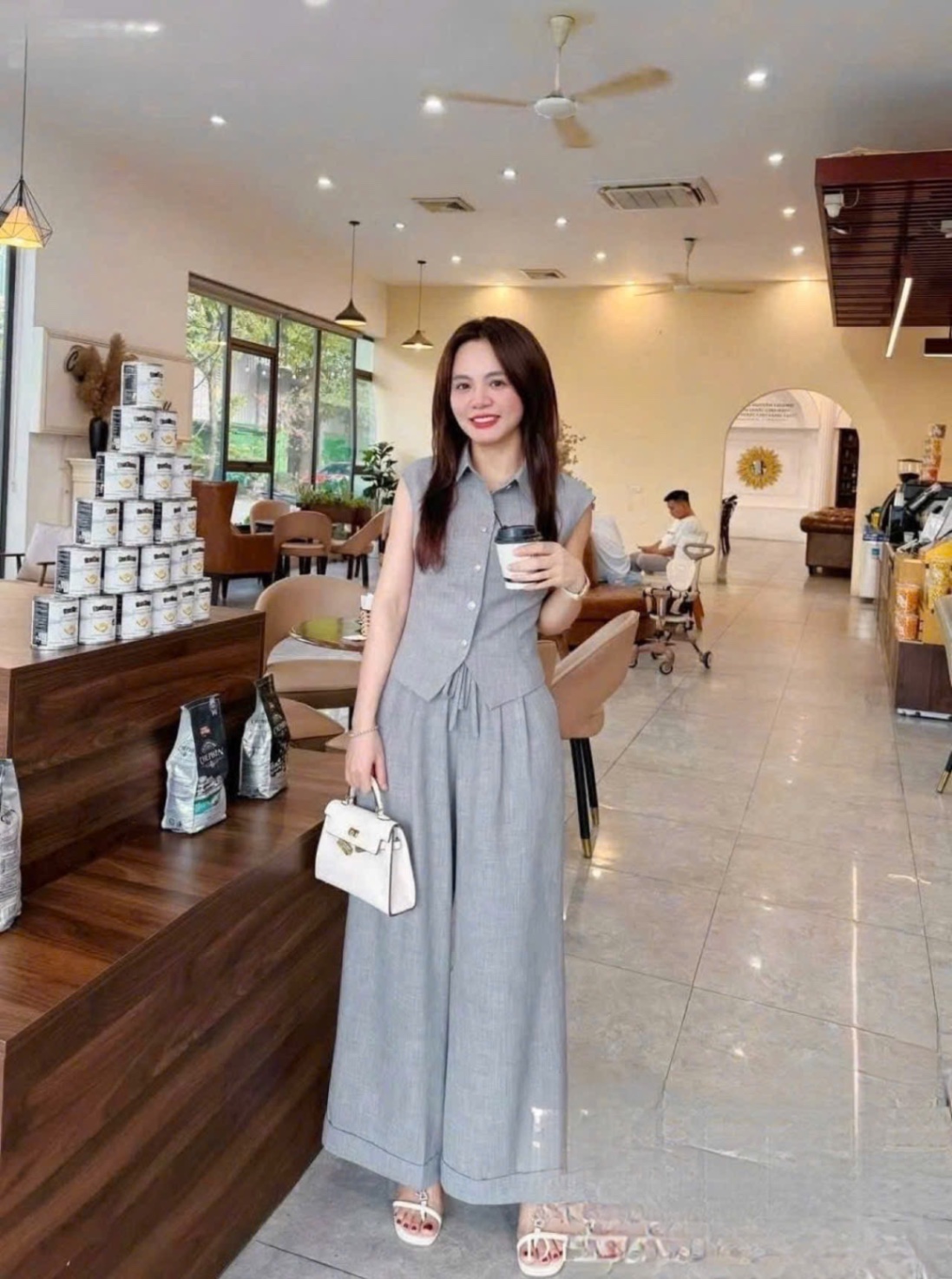S154 - SET NỮ ÁO CỔ BẺ V QUẦN ỐNG RỘNG