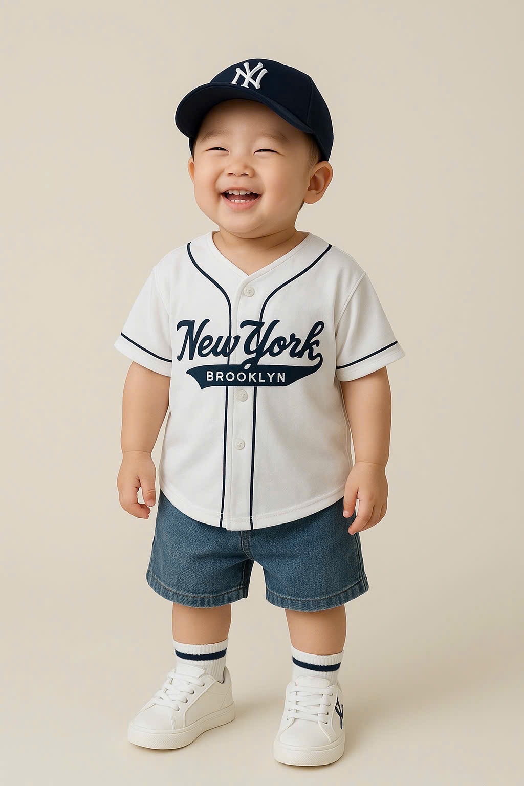 T889 - BỘ ĐÙI BÉ TRAI ÁO TRẮNG CÀI CÚC NEWYORK QUẦN BÒ