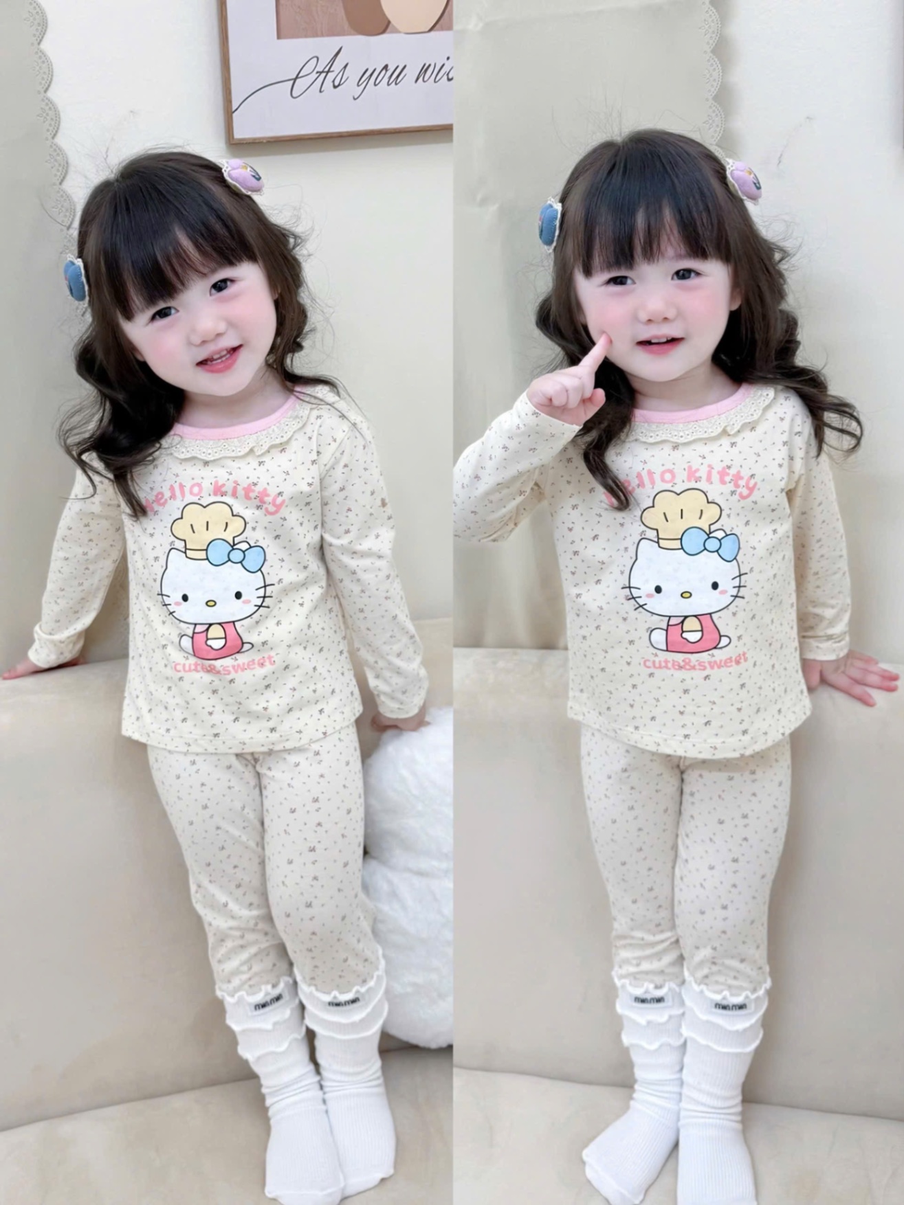 G731 - SET 2 BỘ BÉ GÁI DÀI TAY MÀU BE KITTY HOA CỔ REN