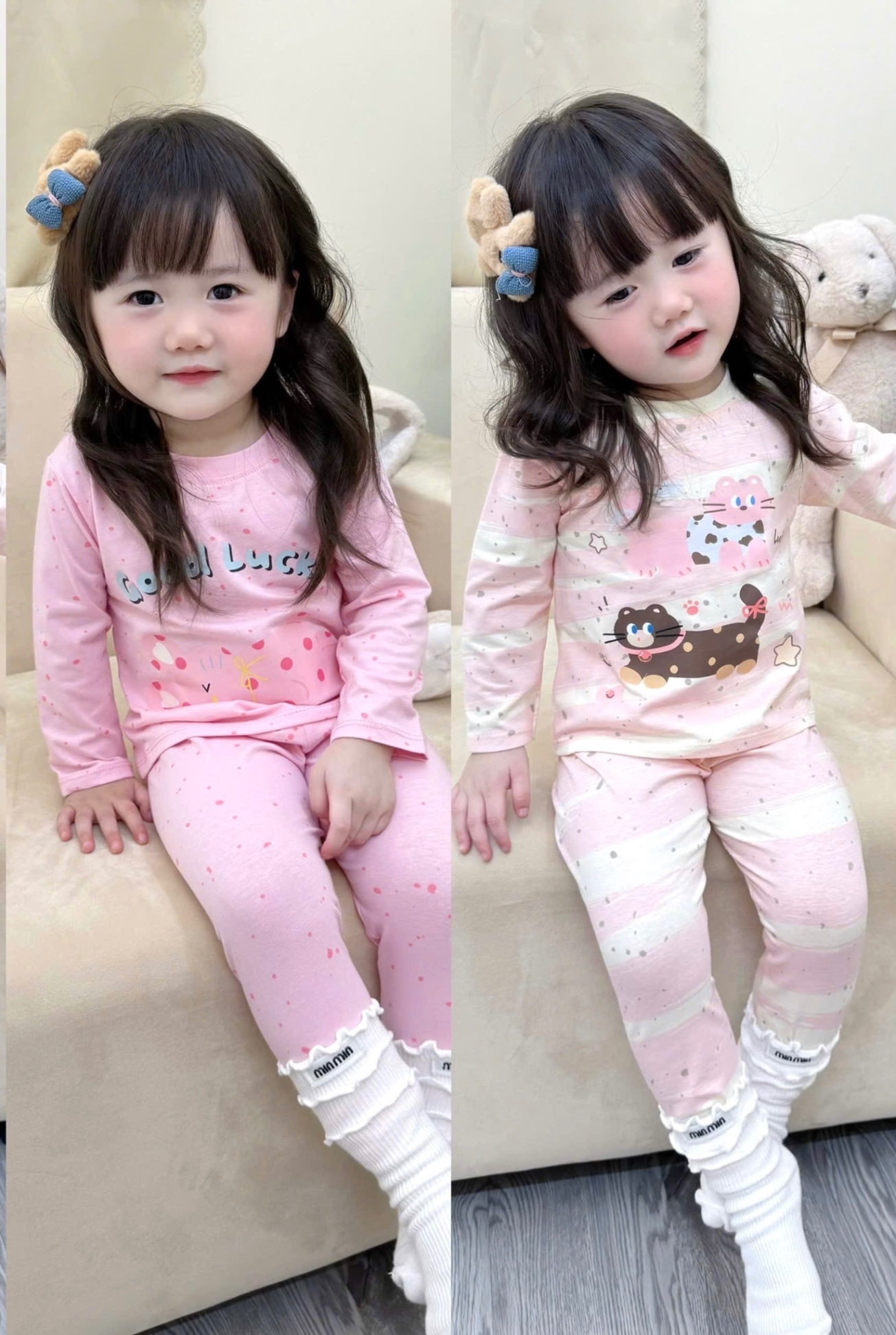 G739 - SET 2 BỘ BÉ GÁI DÀI TAY CHẤM BI HỒNG GOOD LUCK