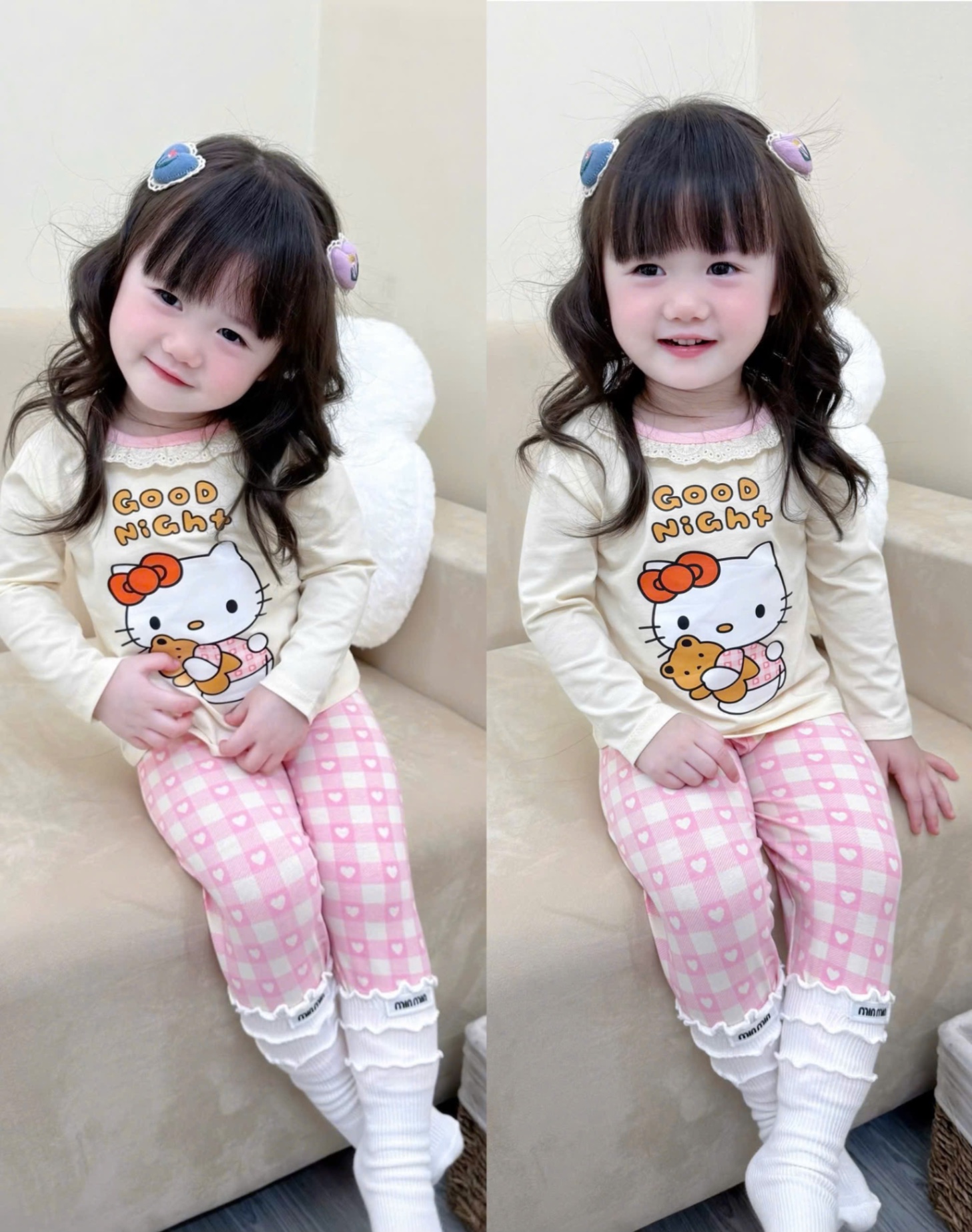 G731 - SET 2 BỘ BÉ GÁI DÀI TAY MÀU BE KITTY HOA CỔ REN