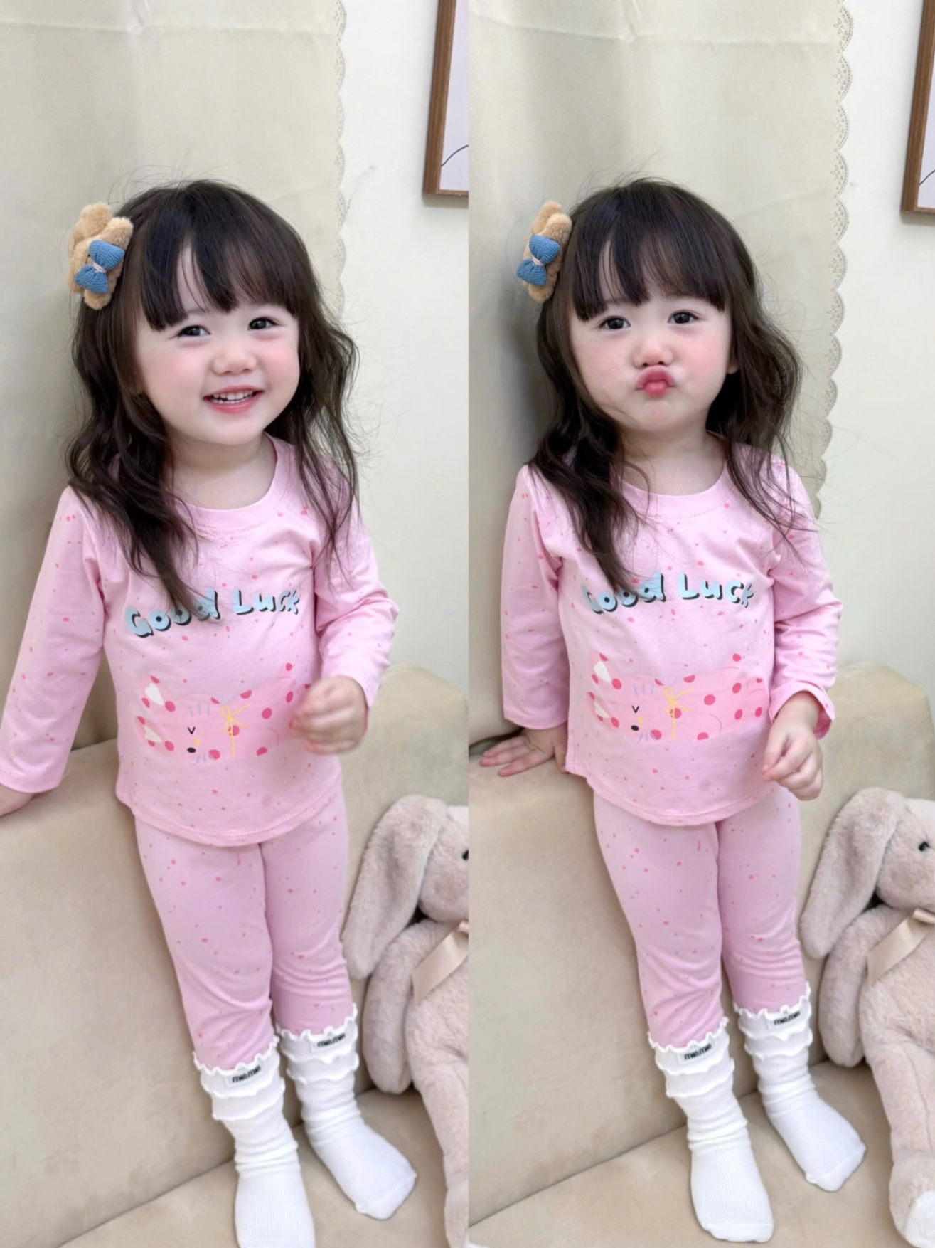 G739 - SET 2 BỘ BÉ GÁI DÀI TAY CHẤM BI HỒNG GOOD LUCK