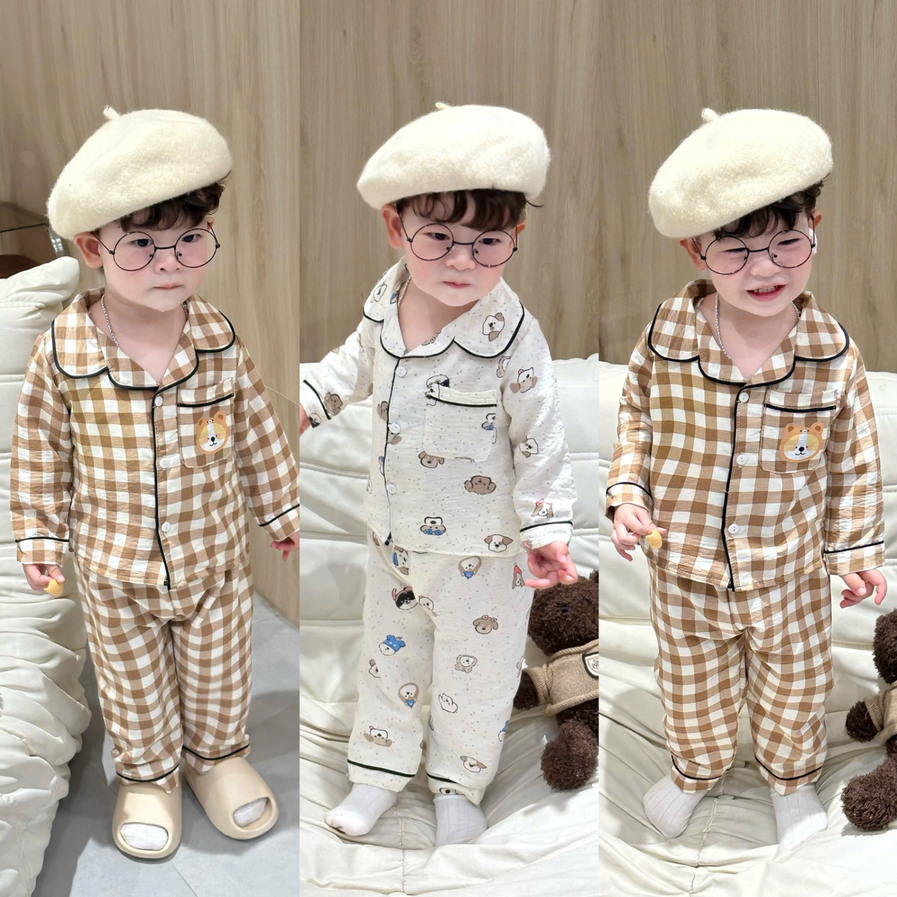 T901 - SET 2 BỘ PYJAMA BÉ TRAI DÀI TAY GẤU nâu kẻ trắng